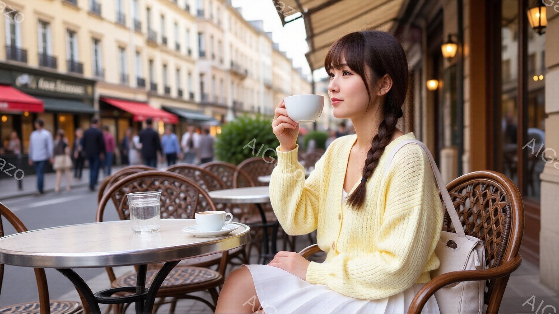 若い女性がカフェの椅子に座り、カップから飲み物を飲んでいる。彼女はクリーム色のカーディガンと白いドレスを着ており、髪は三つ編みにされている。背景にはパリの街並みが広がり、人々が歩いている様子が見え、穏 - AI生成フリー素材
