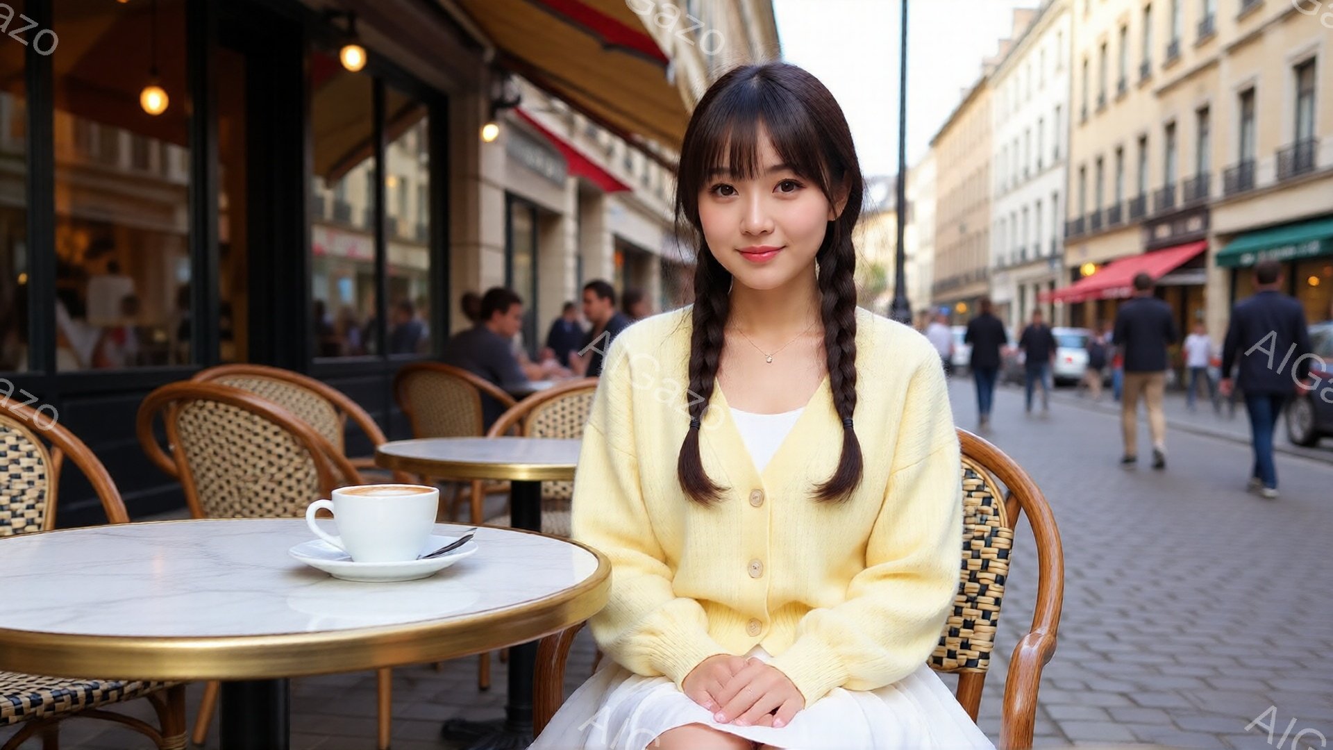 長い黒髪を二つに結んだ若い女性が、カフェの屋外席に座っています。彼女は白いドレスの上に黄色のカーディガンを着ており、顔には微笑みが浮かんでいます。背景にはパリの街並みが広がり、カフェのテラス席には他の - AI生成フリー素材