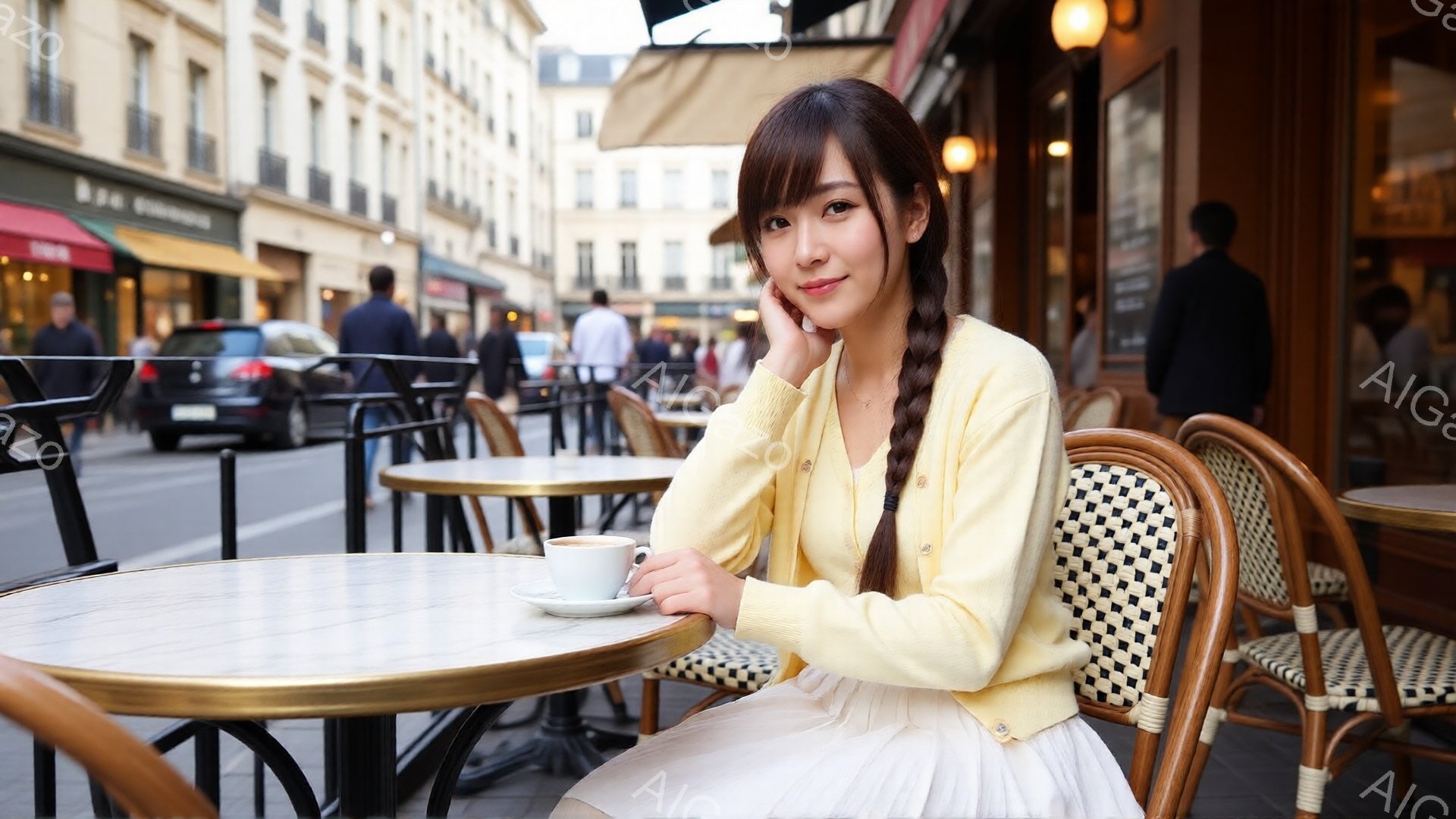 若い女性がカフェの屋外席に座り、片手を頬にあてて微笑んでいます。彼女はクリーム色のカーディガンと白いスカートを着ており、三つ編みの髪型です。背景には石畳の道、カフェ、そしてパリらしい建物が並び、晴れた - AI生成フリー素材