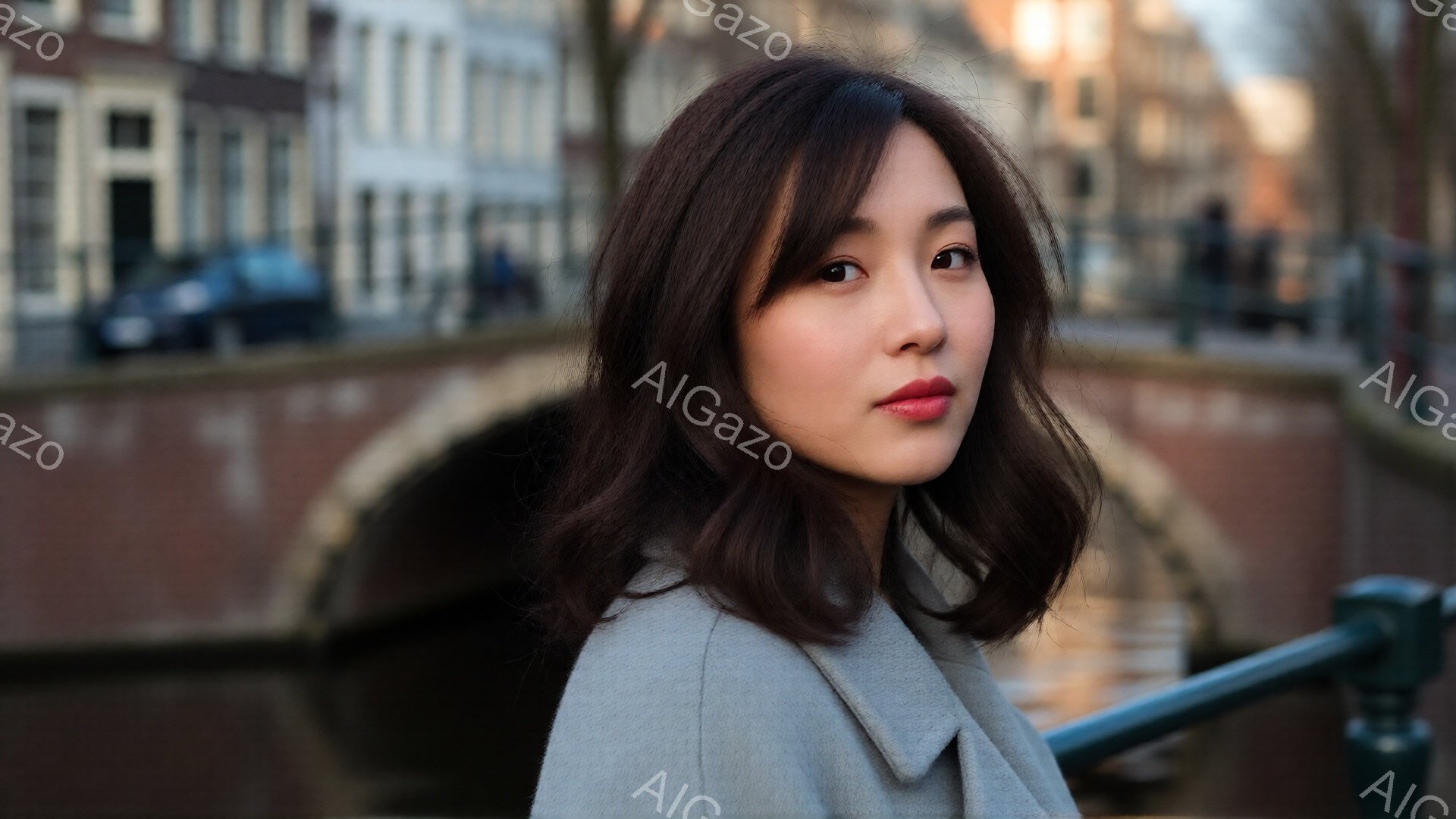 画像には、浅いグレーのコートを着た若い女性が写っています。彼女はゆるいウェーブのかかった肩までの長さの髪を持ち、少し微笑んでおり、落ち着いた雰囲気を醸し出しています。背景には、運河と歴史的な建物がぼやけており、穏やかな冬の日の様子がうかがえます。