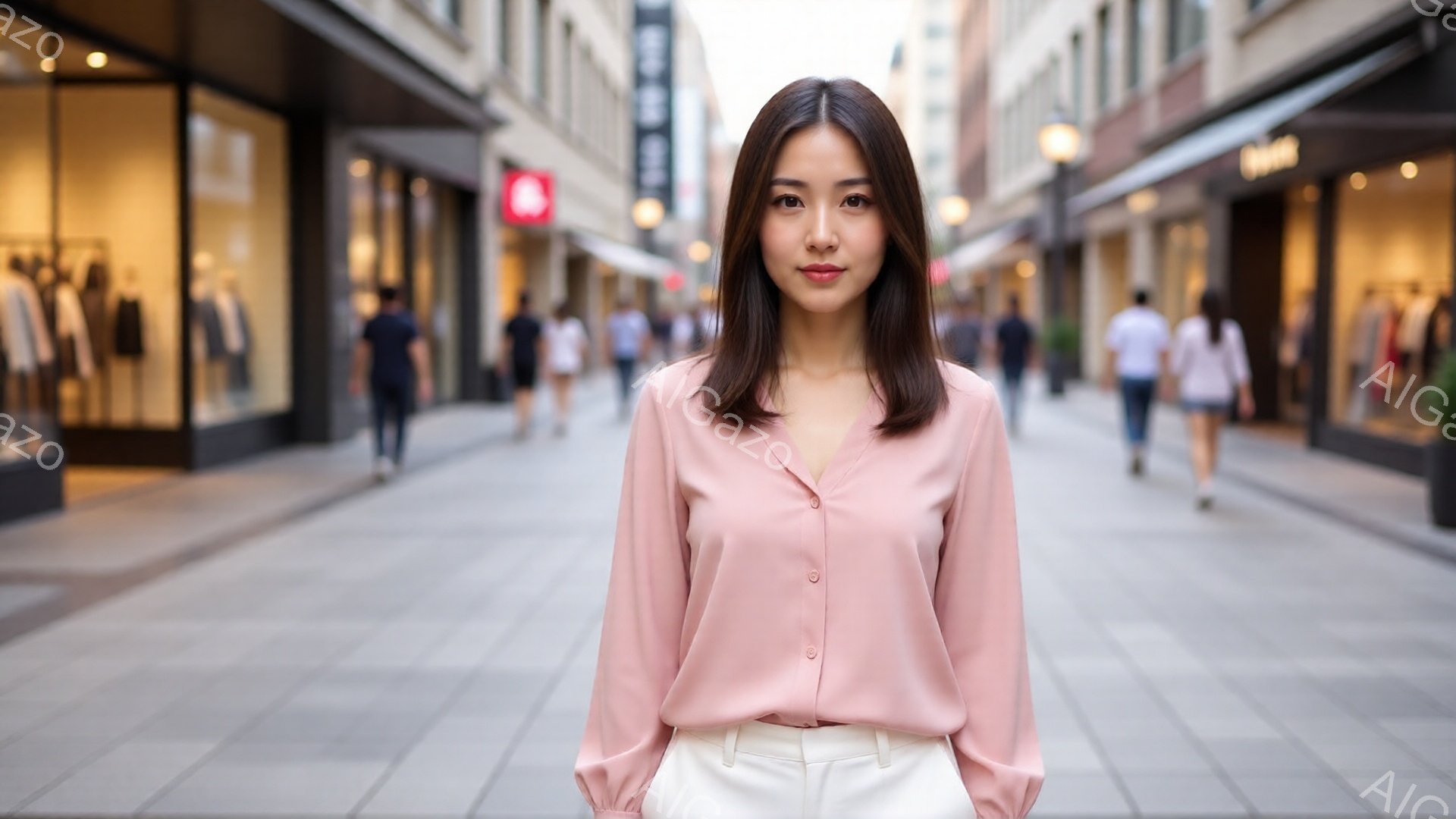 明るいピンク色のブラウスに白いパンツを着用した若い女性が、石畳の通りで正面を見据えています。彼女は肩までの長さの黒髪で、穏やかな微笑みを浮かべており、姿勢も自然でリラックスしています。背景には、高級ブランド店が並び、石畳の道には他の歩行者もおり、晴れた日の賑やかな街並みを背景に、洗練された雰囲気が漂っています。