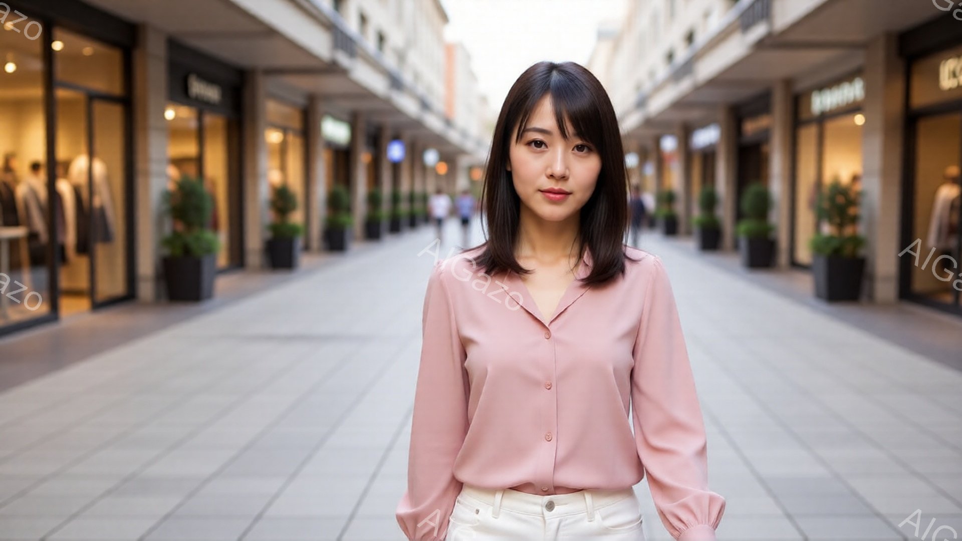 長い前髪と肩までの長さの髪をした女性が、薄いピンク色のブラウスと白いパンツを着用して正面を向いています。彼女は穏やかな表情で、リラックスした姿勢で立っています。背景には石畳の道と両側に並んだ店舗があり、明るい日差しが差し込み、穏やかで洗練された雰囲気を醸し出しています。