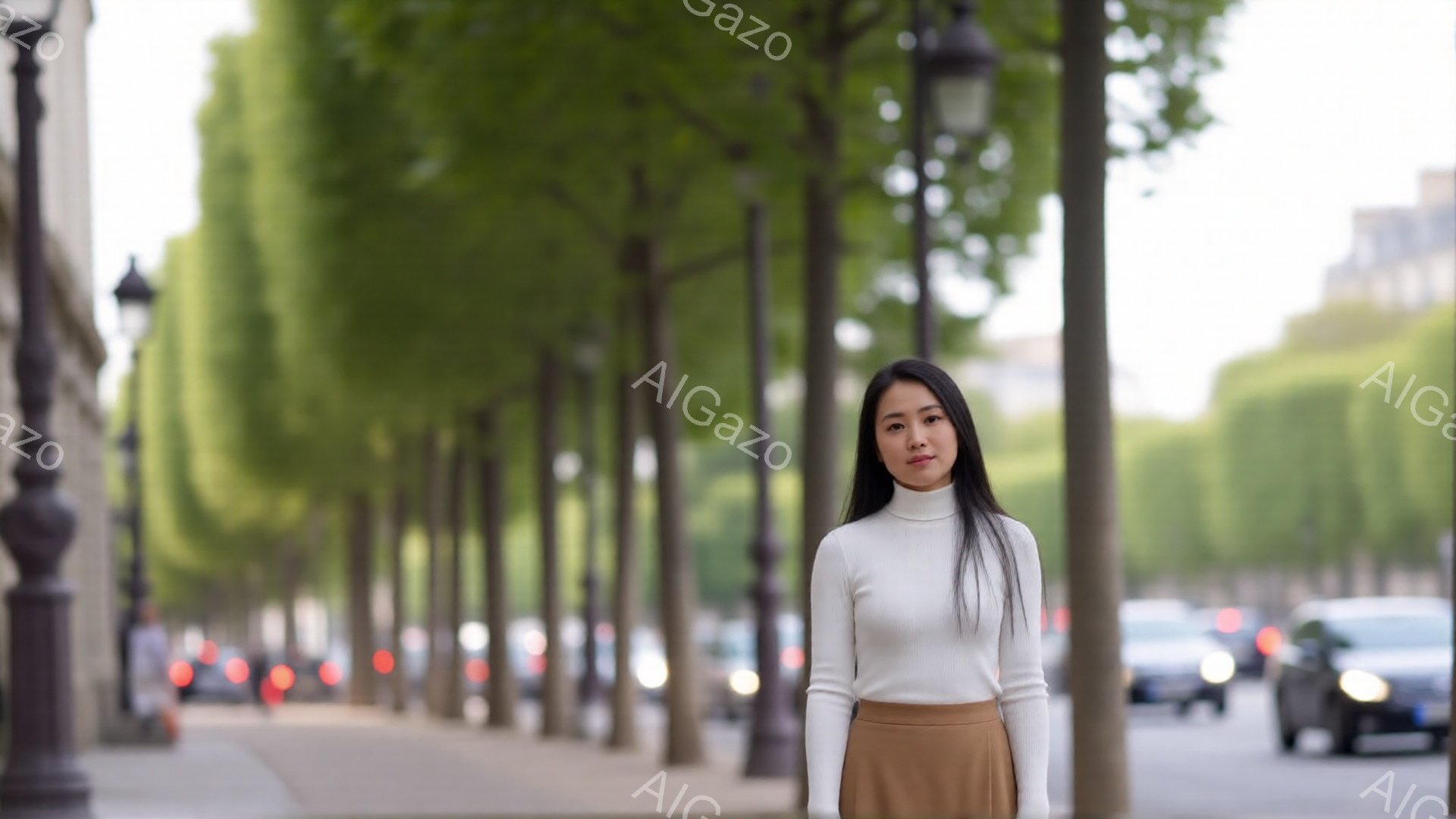 長い黒髪をセンターパートにした女性が、オフホワイトのタートルネックセーターとキャメル色のスカートを身に着けて立っています。彼女はカメラの方をまっすぐ見ており、表情は穏やかで落ち着いています。背景には、 - AI生成フリー素材