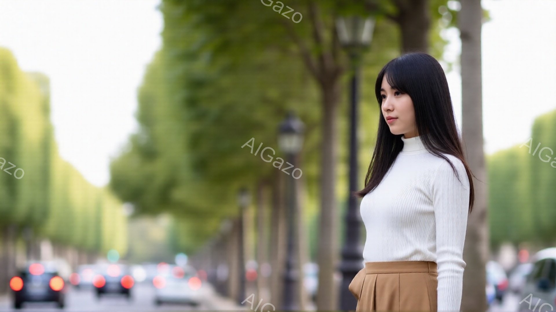 長い黒髪の女性が、白いリブニットとベージュのスカートを身につけて、並木道でポーズをとっています。彼女は少し横を向き、遠くを見つめており、落ち着いた表情をしています。背景には緑豊かな木々とぼやけた交通状況が見え、穏やかで洗練された雰囲気を醸し出しています。