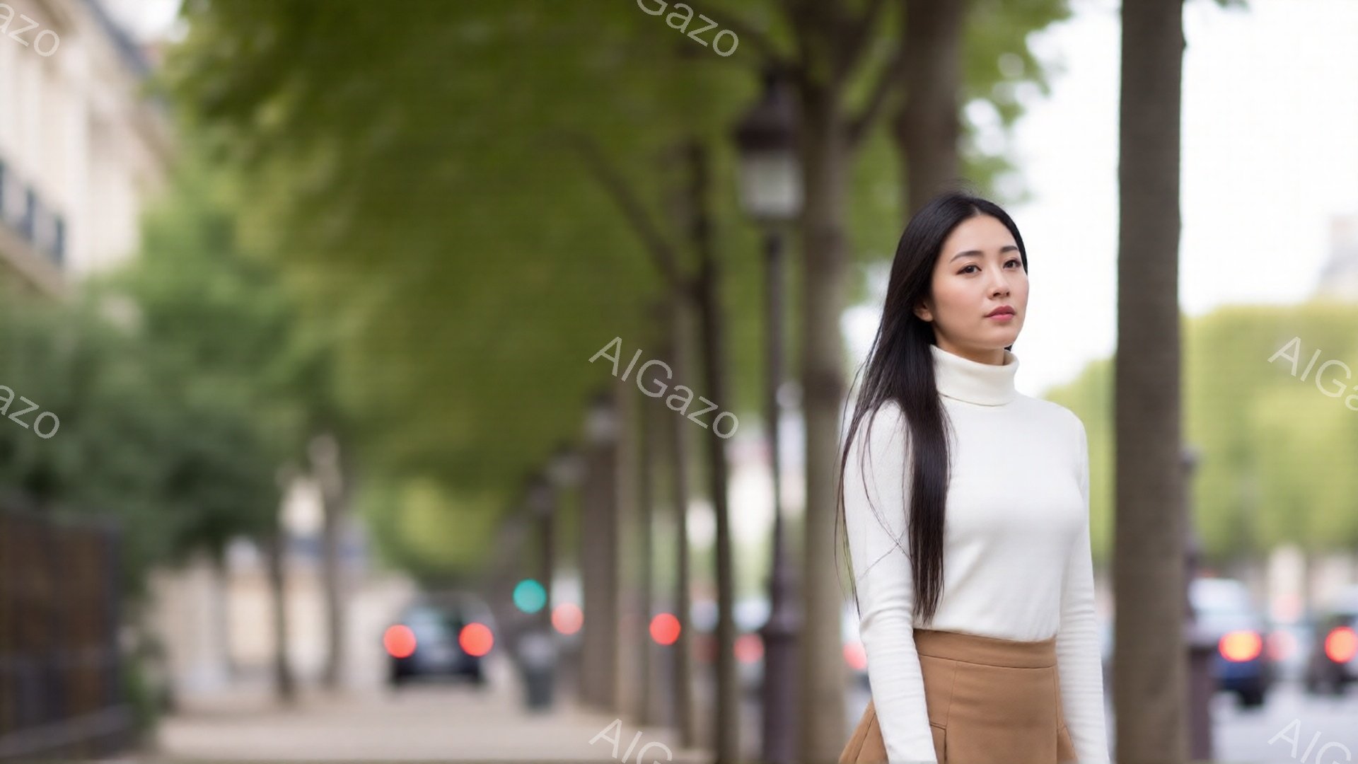 長い黒髪を伸ばした女性が、オフホワイトのタートルネックセーターとキャメル色のスカートを着用し、少し横を向いて立っている。背景には、緑豊かな木々が並ぶパリの街並みが見え、ややぼやけた赤い車がいくつか確認 - AI生成フリー素材
