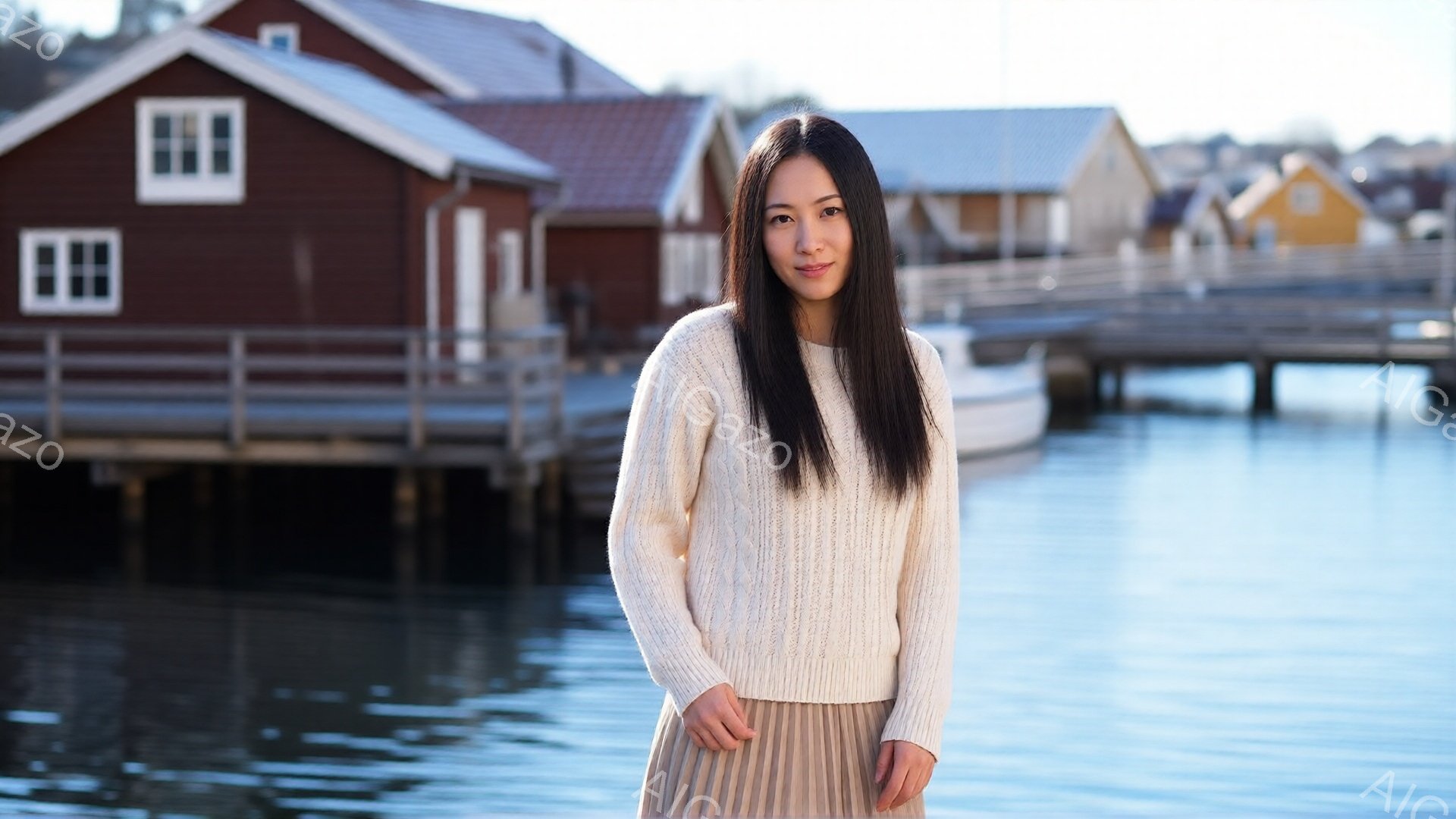 長い黒髪の女性が、クリーム色のざっくりとしたニットとベージュのスカートを身に着けて立っている。彼女は穏やかな表情で、わずかに微笑んでいるように見える。背景には、水面に浮かぶ木造の建物やボートが並び、穏 - AI生成フリー素材