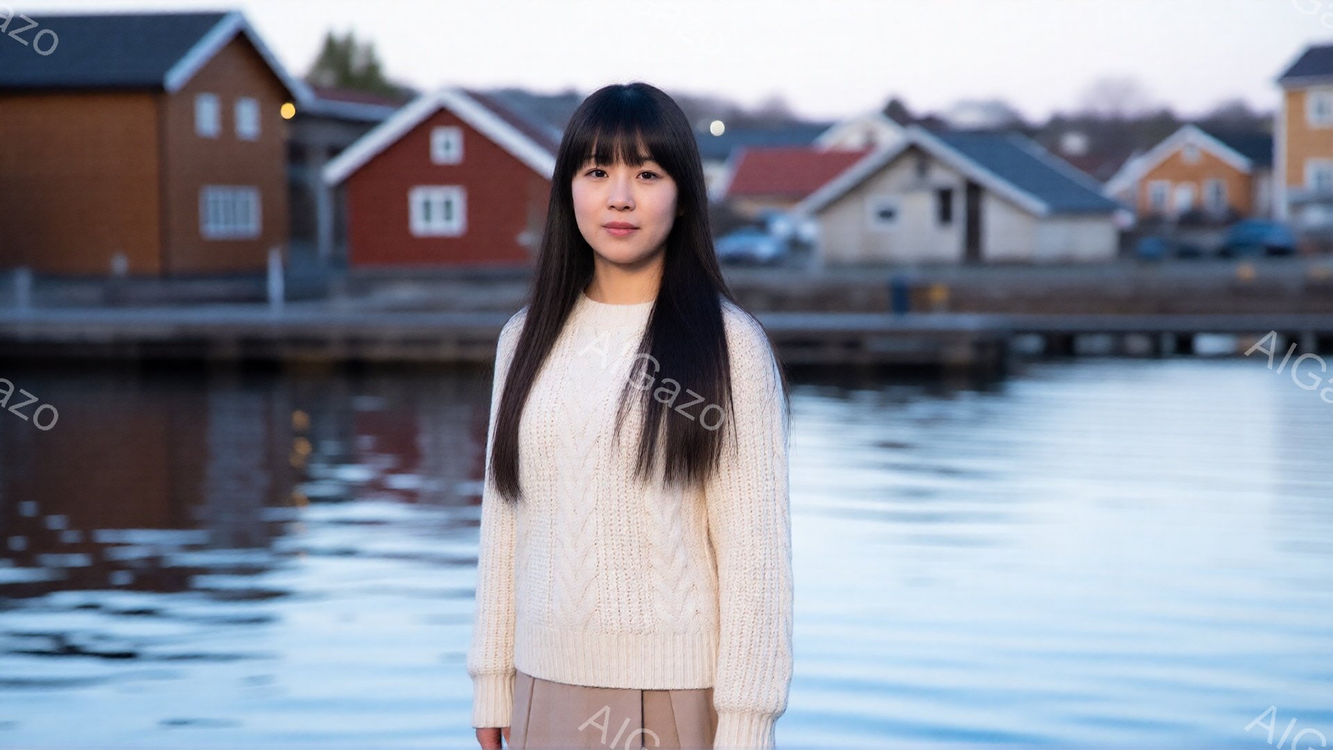 長い黒髪の女性が、クリーム色のケーブルニットセーターとベージュのスカートを身につけて正面を向いています。彼女は落ち着いた表情で、リラックスした姿勢で立っています。背景には、水面とカラフルな木造の建物が - AI生成フリー素材