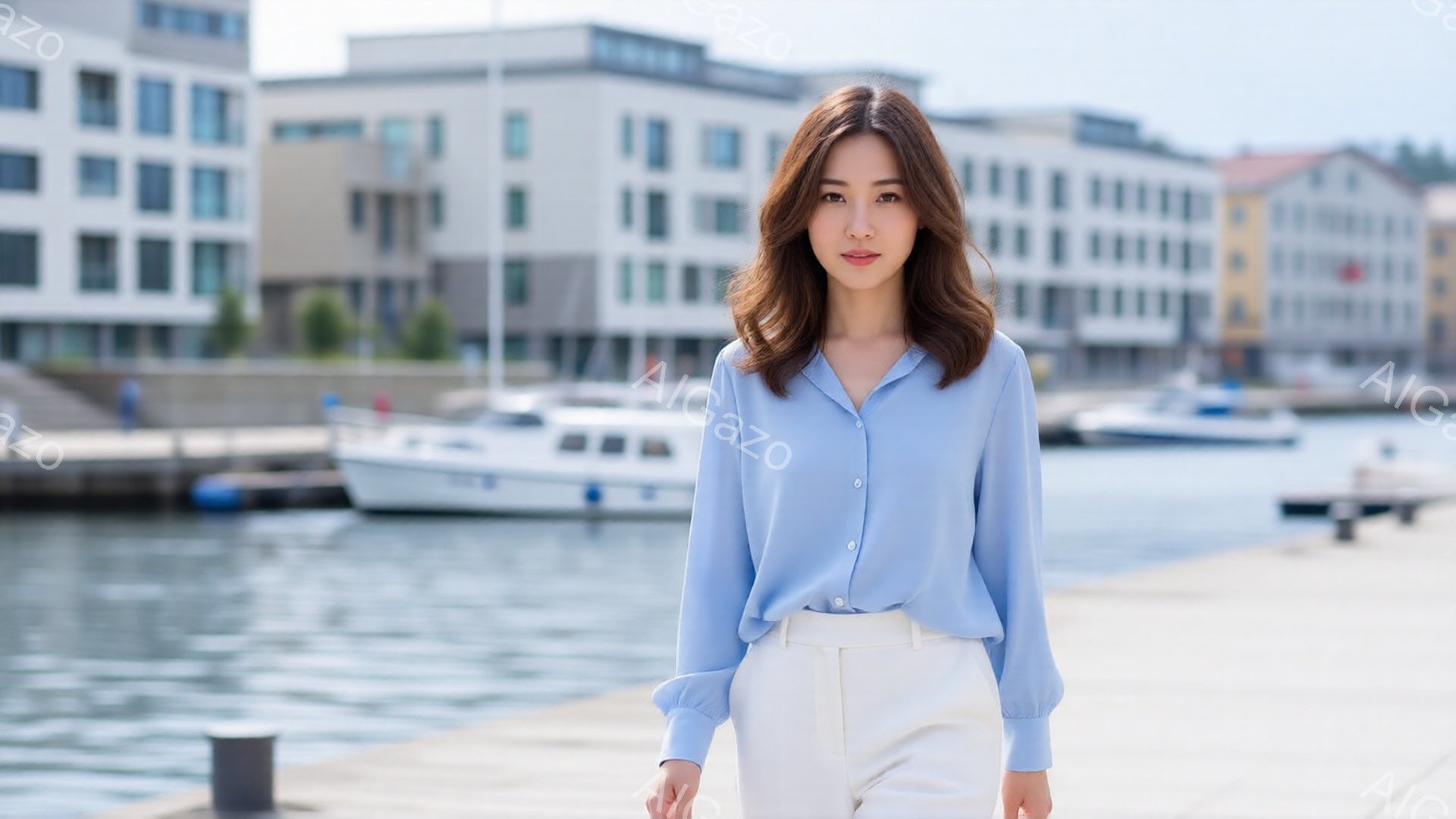 青いブラウスと白のパンツを身に着けた女性が、桟橋を歩いています。彼女は軽く微笑んでおり、自然なウェーブのかかった髪が肩にかかっています。背景には、水面に浮かぶヨットと、モダンな建物が並ぶ穏やかな港町の風景が広がっています。