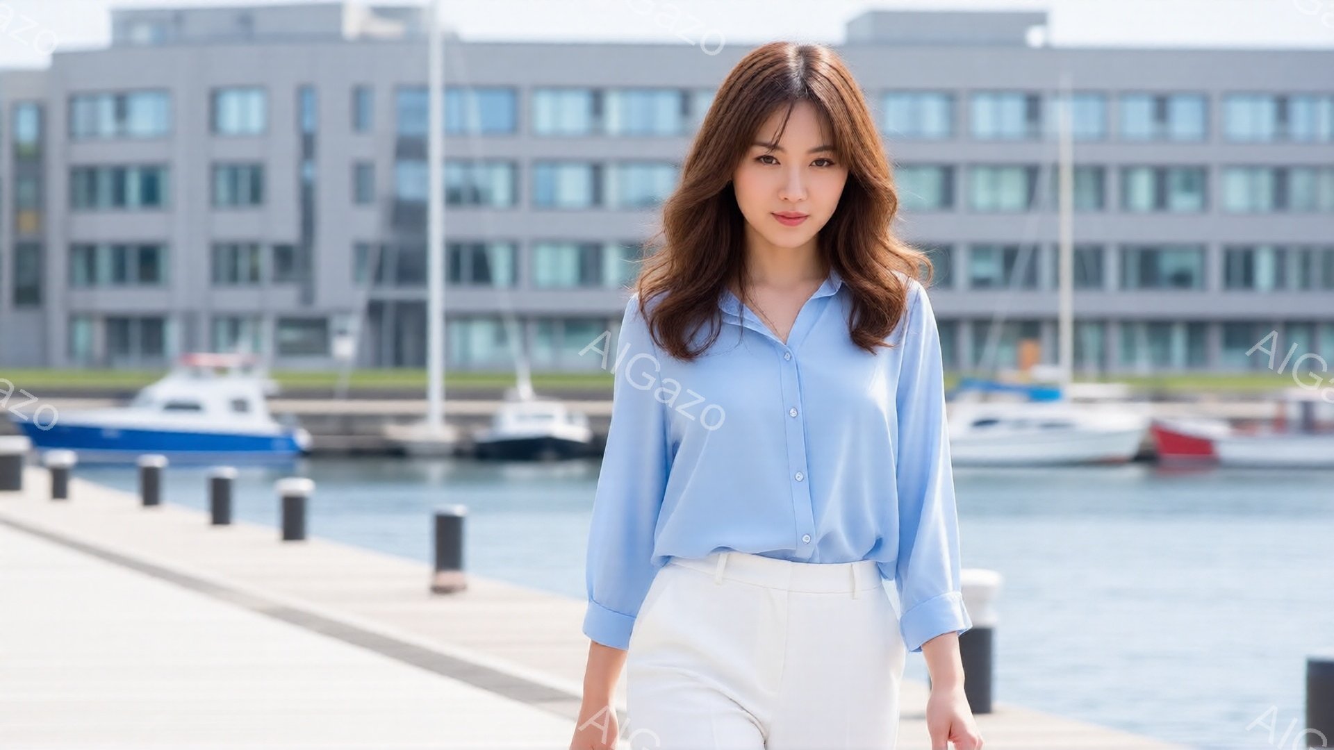 浅い水色のブラウスと白いパンツを着用した女性が、桟橋を歩いています。彼女は軽く微笑んでおり、髪は肩にかかる長さで自然なウェーブがかかっています。背景には、水面に停泊しているボートと、近代的な建物が見え - AI生成フリー素材