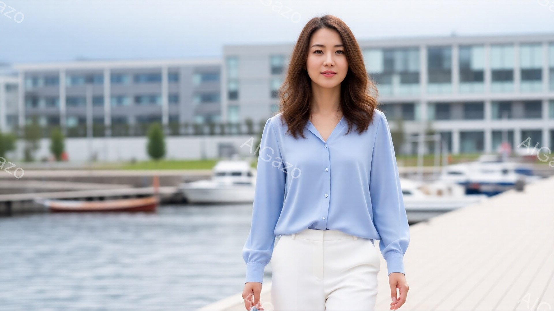 浅い青色のブラウスと白のズボンを身につけた女性が、桟橋の上を歩いている。彼女は軽く微笑んでおり、髪は肩までの長さで自然なウェーブがかかっている。背景には、水面に停泊するボートとモダンな建物が見え、晴天ながらもやや曇り空で穏やかな雰囲気を醸し出している。