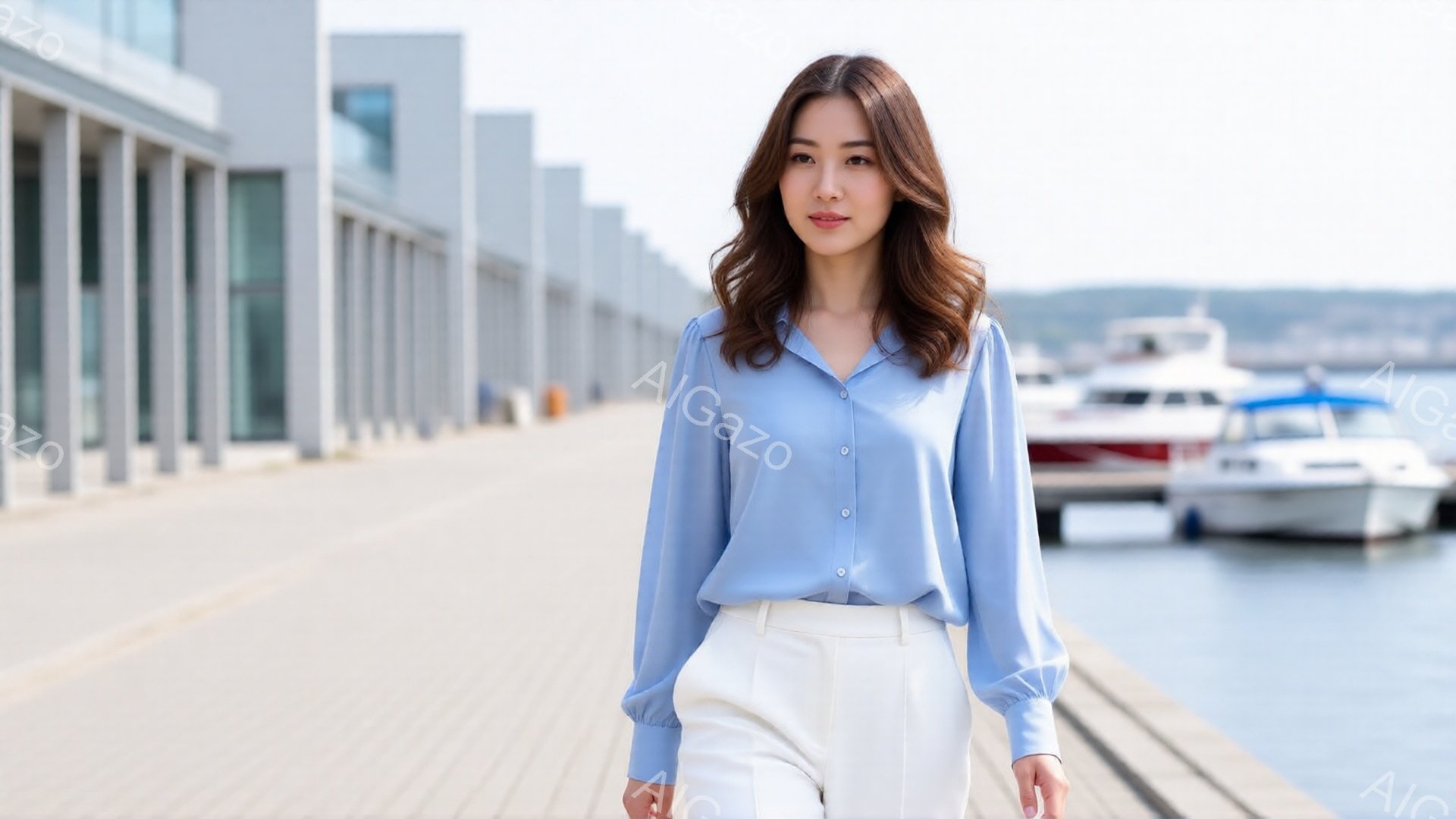 明るい青色のブラウスに白いパンツを着用した女性が、石畳の遊歩道を歩いている。彼女は軽く微笑んでおり、リラックスした表情で、自然なウェーブのかかった髪が肩にかかっている。背景にはモダンな建物とマリーナに - AI生成フリー素材