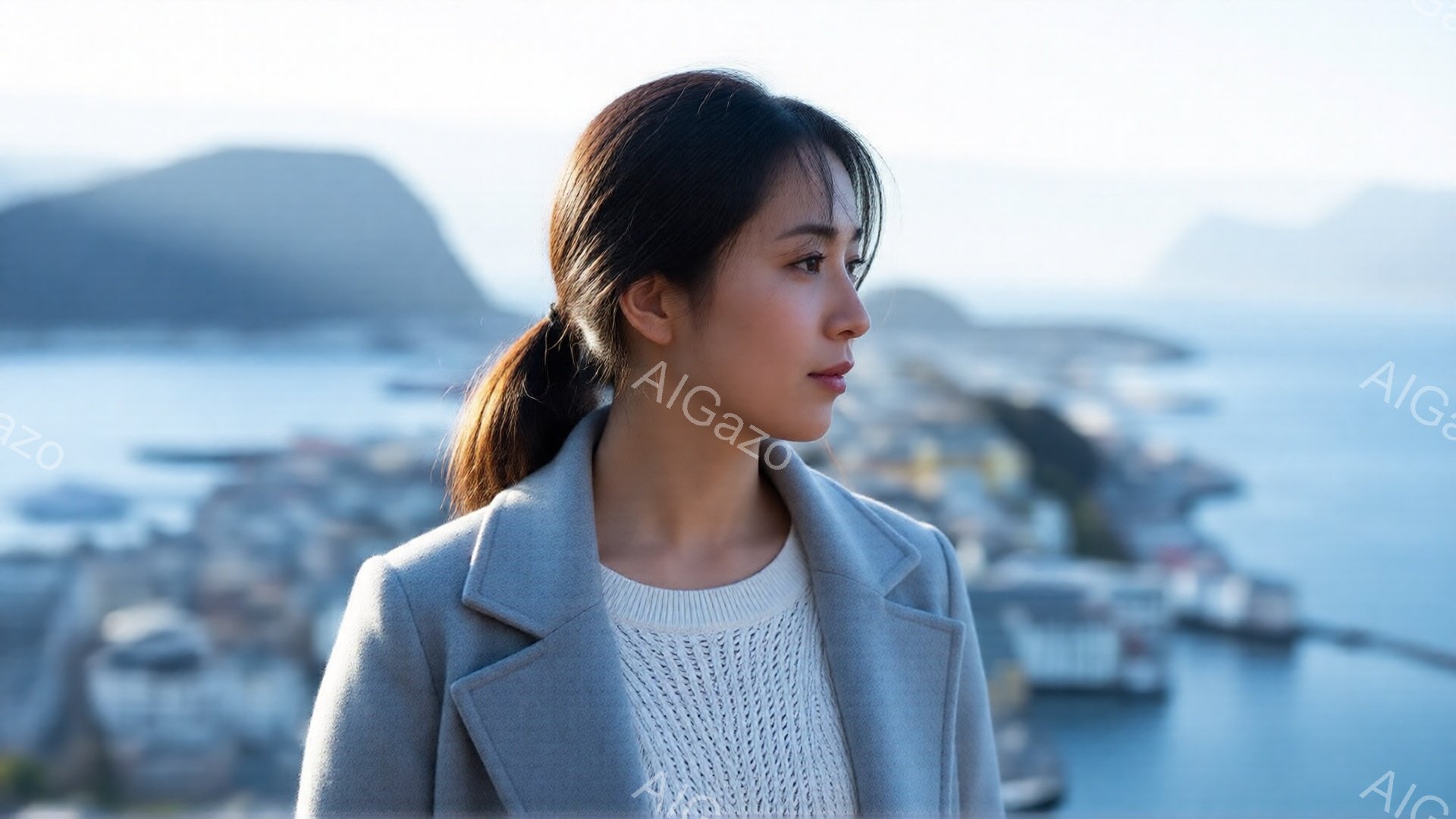 画像には、浅いグレーのコートと白いセーターを着た若い女性が写っています。彼女は髪を後ろで一つにまとめ、わずかに横を向いて遠くを見つめており、表情は穏やかで少し物憂げです。背景には、穏やかな海とカラフルな建物が並ぶ港町、そして遠くには山々が広がっており、全体的に静かで落ち着いた雰囲気が漂っています。