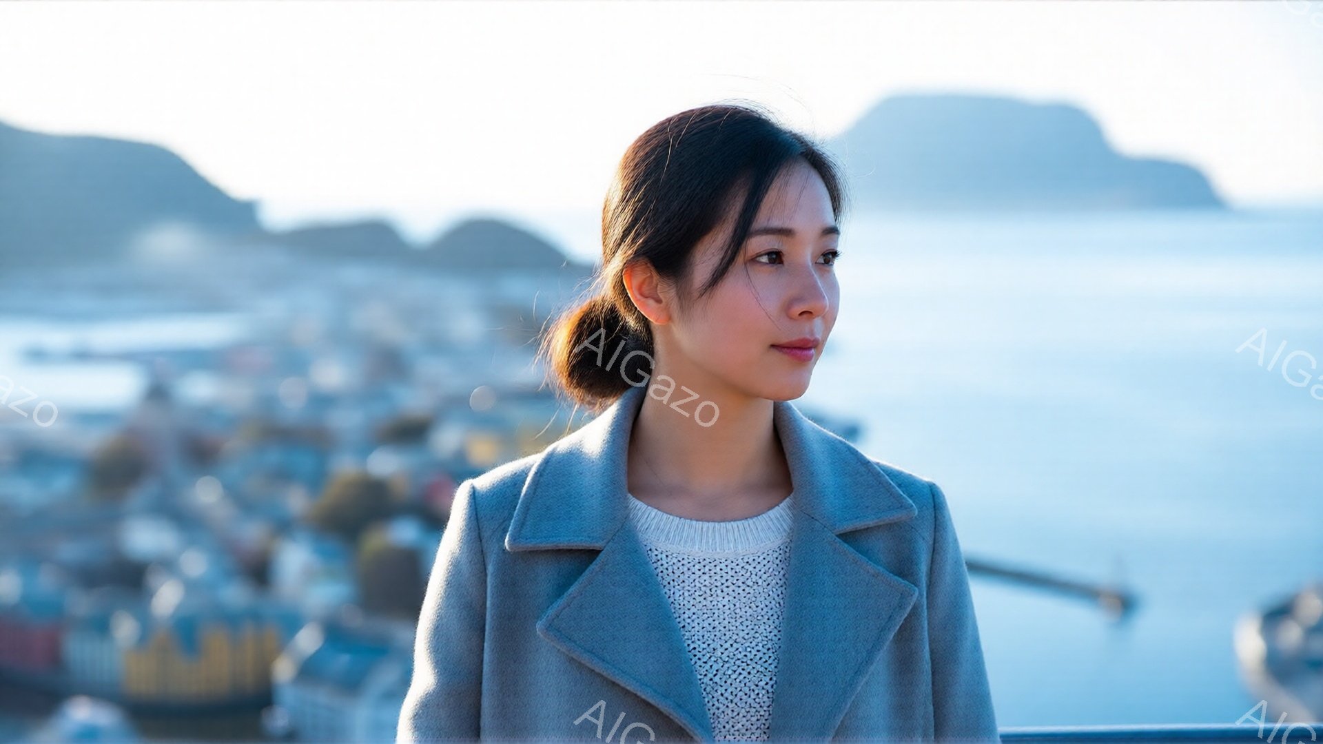 画像には、灰色のコートと白いセーターを着た女性が写っている。彼女は髪を後ろでまとめ、遠くの海を物憂げに見つめている。背景には、建物が密集した港町と、霞んだ青い海、そして遠くの山々が広がっている。