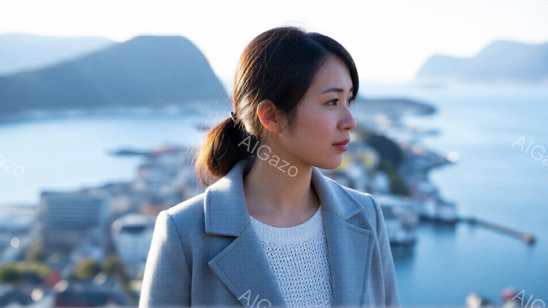 女性はグレーのコートと白いセーターを着て、髪を後ろで一つに結んでいます。彼女は少し横を向き、遠くを見つめており、穏やかで物憂げな表情をしています。背景には、海と建物が広がり、天候は晴れで、全体的に静か - AI生成フリー素材