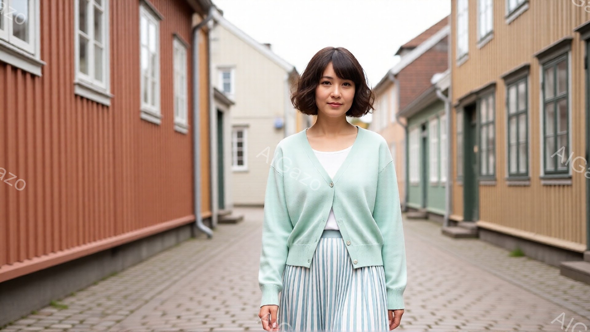 浅い緑色のカーディガンと水色のプリーツスカートを身につけた女性が、石畳の道で正面を向いて立っています。彼女は短いボブヘアで、穏やかな微笑みを浮かべています。背景には、赤茶色や黄色などのパステルカラーの - AI生成フリー素材