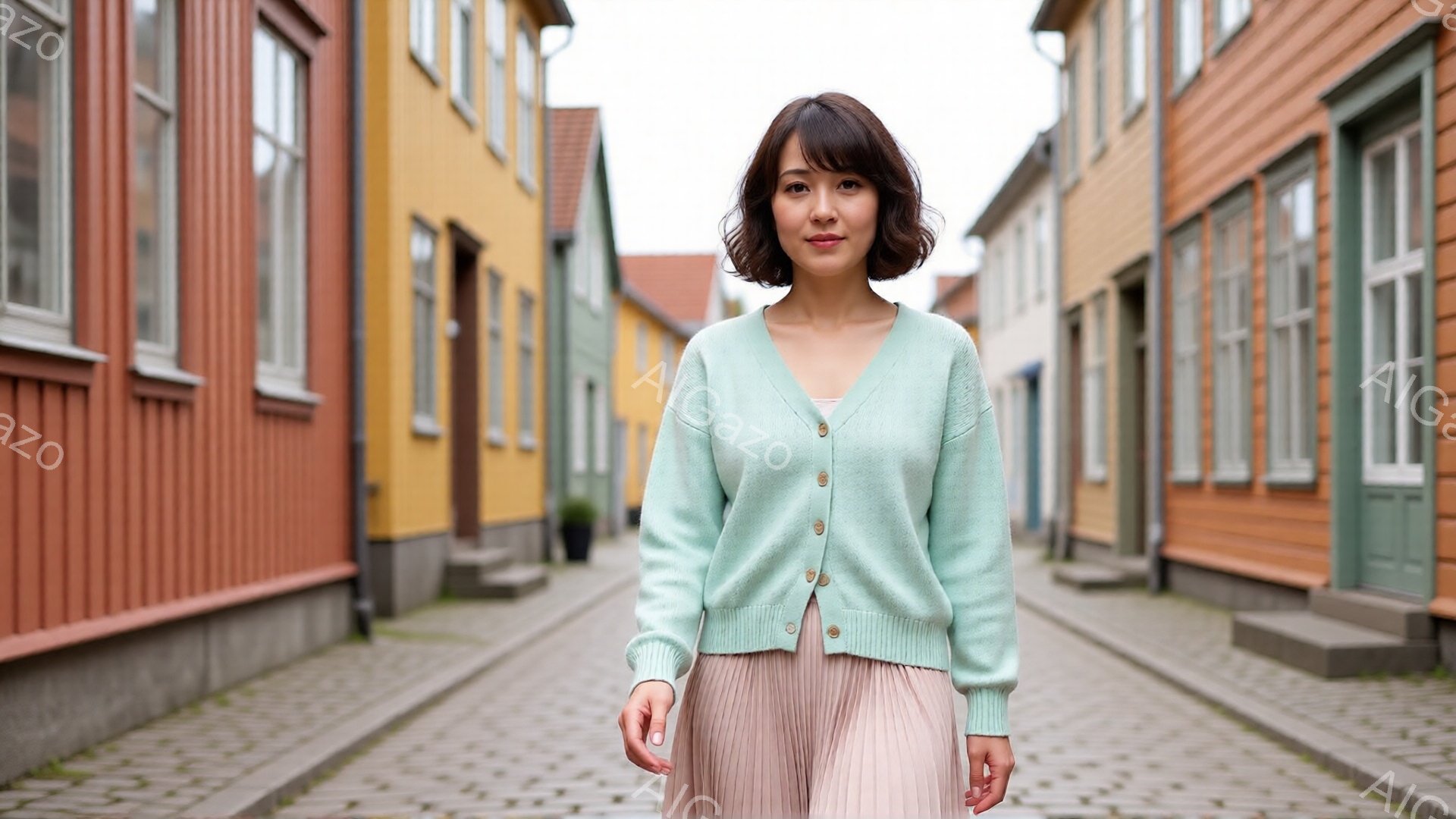 明るいミントグリーンのカーディガンを羽織り、淡いピンク色のプリーツスカートを履いた女性が正面を向いています。彼女は肩を少し落としたリラックスした姿勢で、穏やかな微笑みを浮かべています。背景にはカラフル - AI生成フリー素材