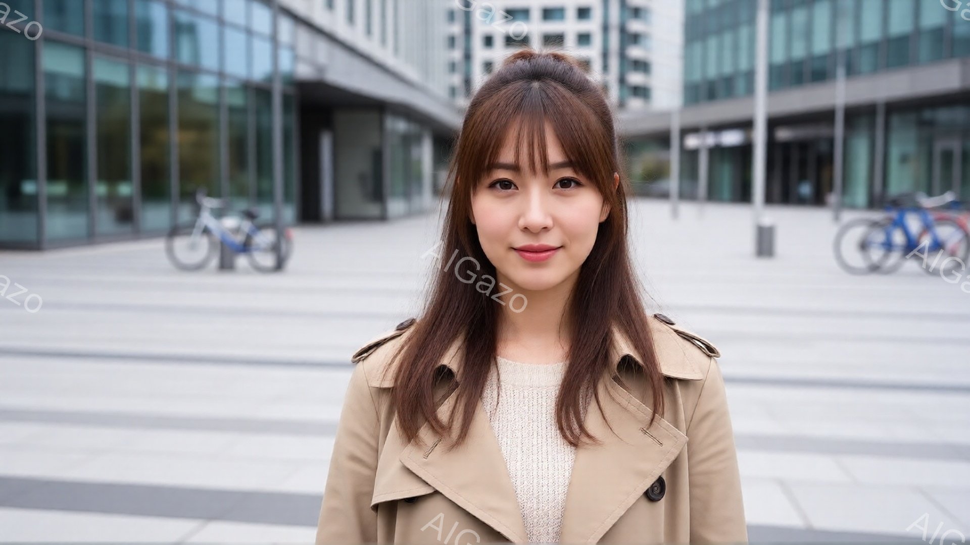 長い茶色の髪を肩まで伸ばした若い女性が、ベージュ色のトレンチコートと白いセーターを着ています。彼女はわずかに微笑んでおり、カメラの方をまっすぐ見つめています。背景には近代的な建物と自転車が見え、晴れた - AI生成フリー素材