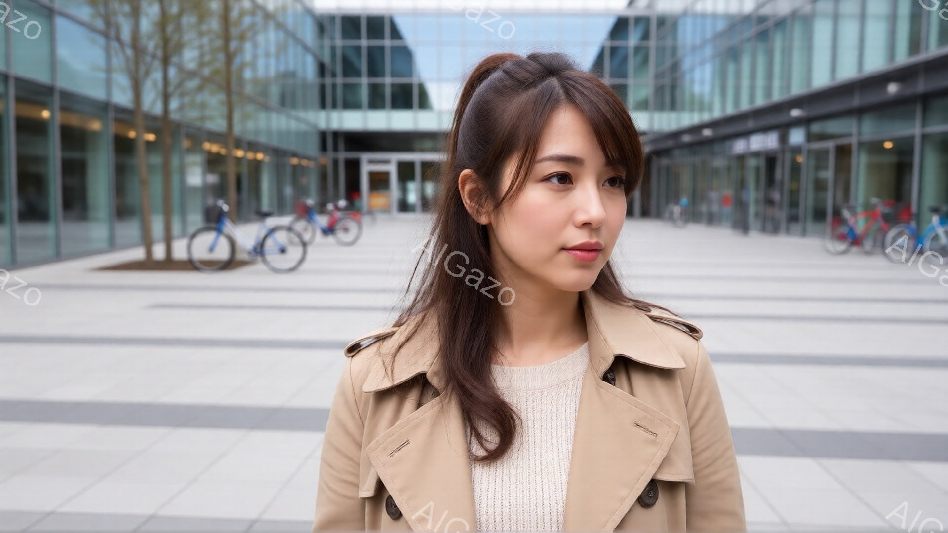 長い茶色の髪をサイドに流し、ベージュのトレンチコートと白いセーターを着た女性が写っている。彼女はわずかに微笑み、視線は少し左上に向いている。背景には、モダンな建築様式の建物と自転車が並び、曇り空の下、 - AI生成フリー素材
