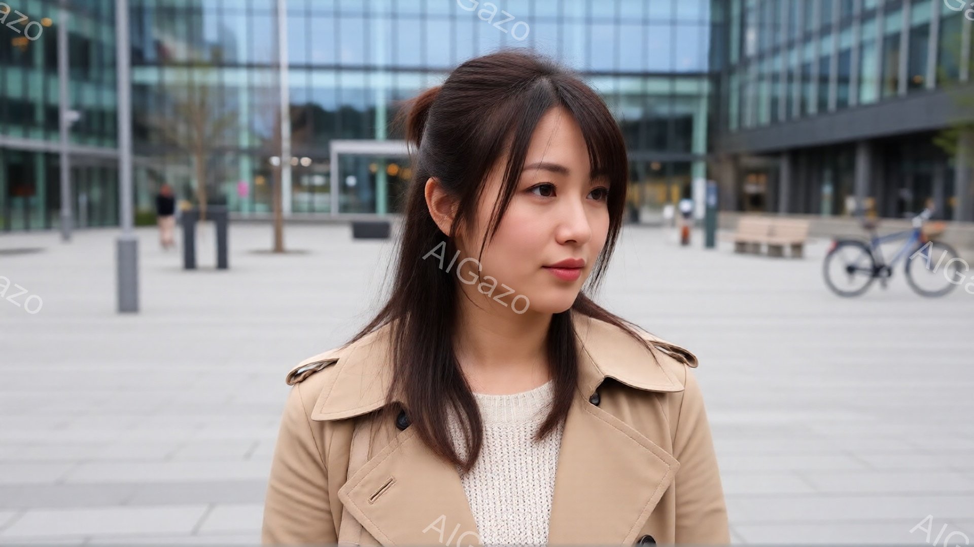 長い黒髪を耳にかける女性が、ベージュ色のトレンチコートと白いセーターを着ています。彼女は少し微笑んでおり、穏やかな表情をしています。背景には、ガラス張りの近代的な建物と、いくつかの自転車、そして曇り空 - AI生成フリー素材