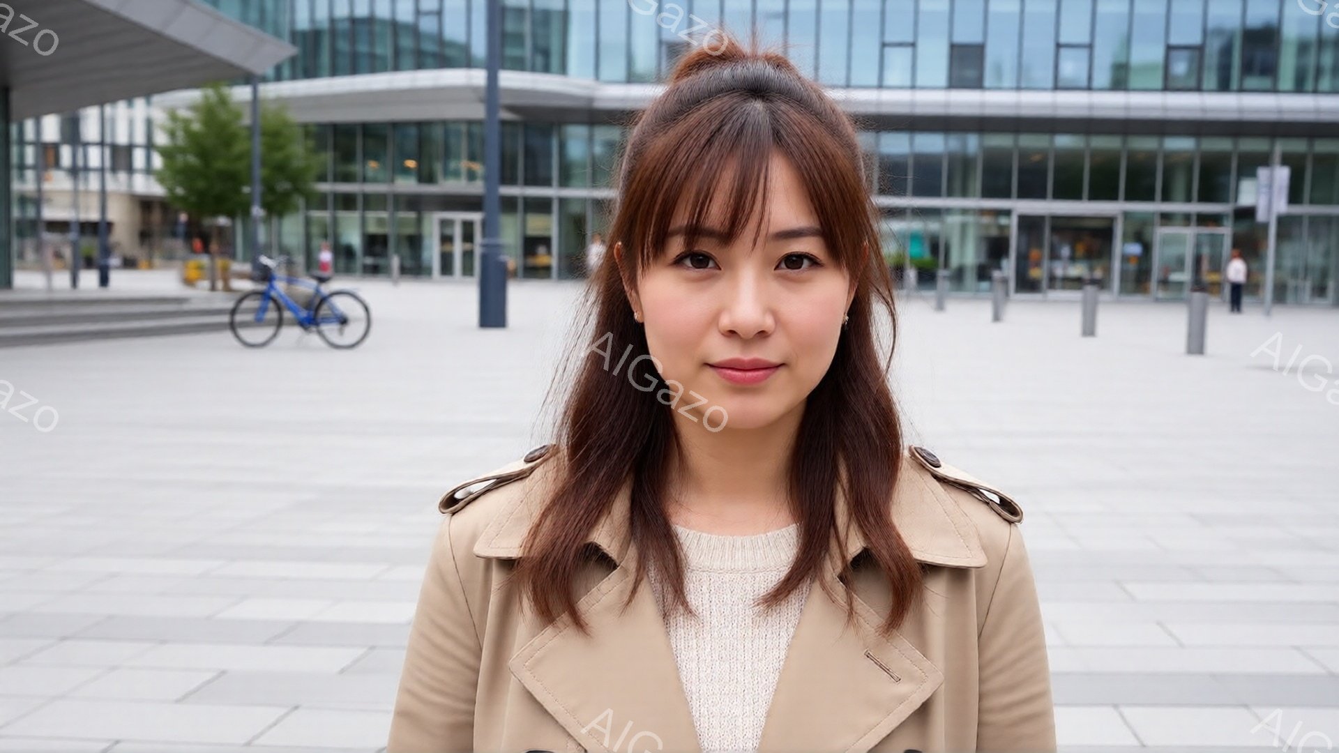 明るい茶色の髪を肩まで伸ばした女性が、ベージュ色のトレンチコートと白いセーターを着ています。彼女はわずかに微笑み、カメラの方を見ています。背景には現代的な建築の建物と、いくつかの自転車、そして少し緑が - AI生成フリー素材