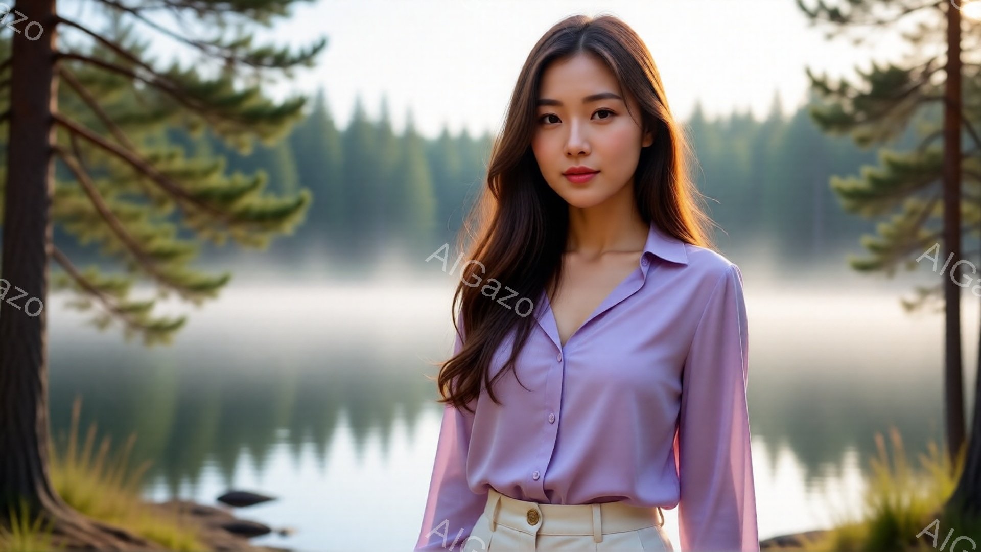 明るい紫色のシャツを着た女性が、ベージュ色のズボンを履いて立っています。彼女は長い茶色の髪を肩にかけ、わずかに微笑んでいます。背景には、霧のかかった湖と緑豊かな木々が見え、穏やかで自然な雰囲気を醸し出 - AI生成フリー素材