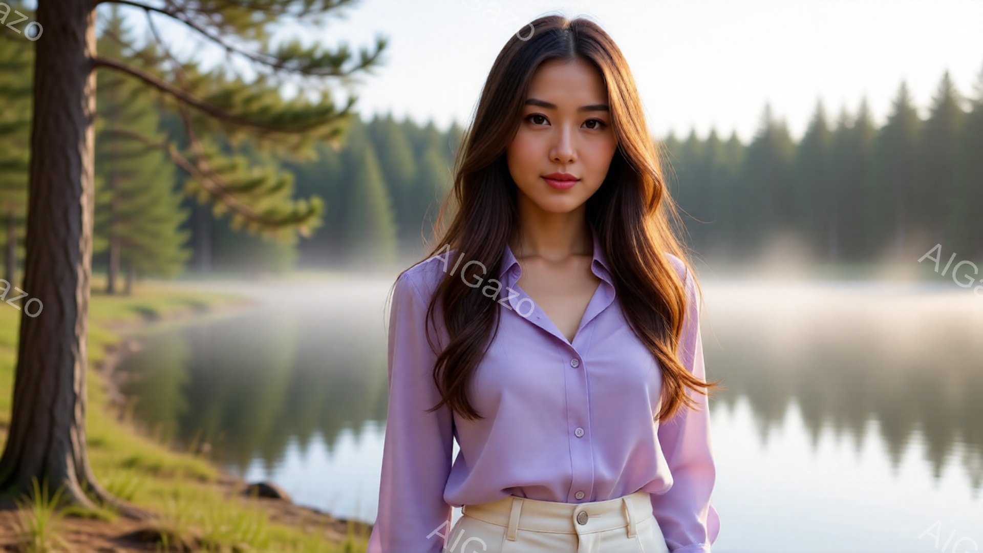 若い女性が紫色のシャツとベージュ色のズボンを身につけて立っています。彼女は長い茶色の髪を自然なカールで垂らし、穏やかな微笑みを浮かべています。背景には霧のかかった湖と緑豊かな森林が広がり、静かで穏やか - AI生成フリー素材