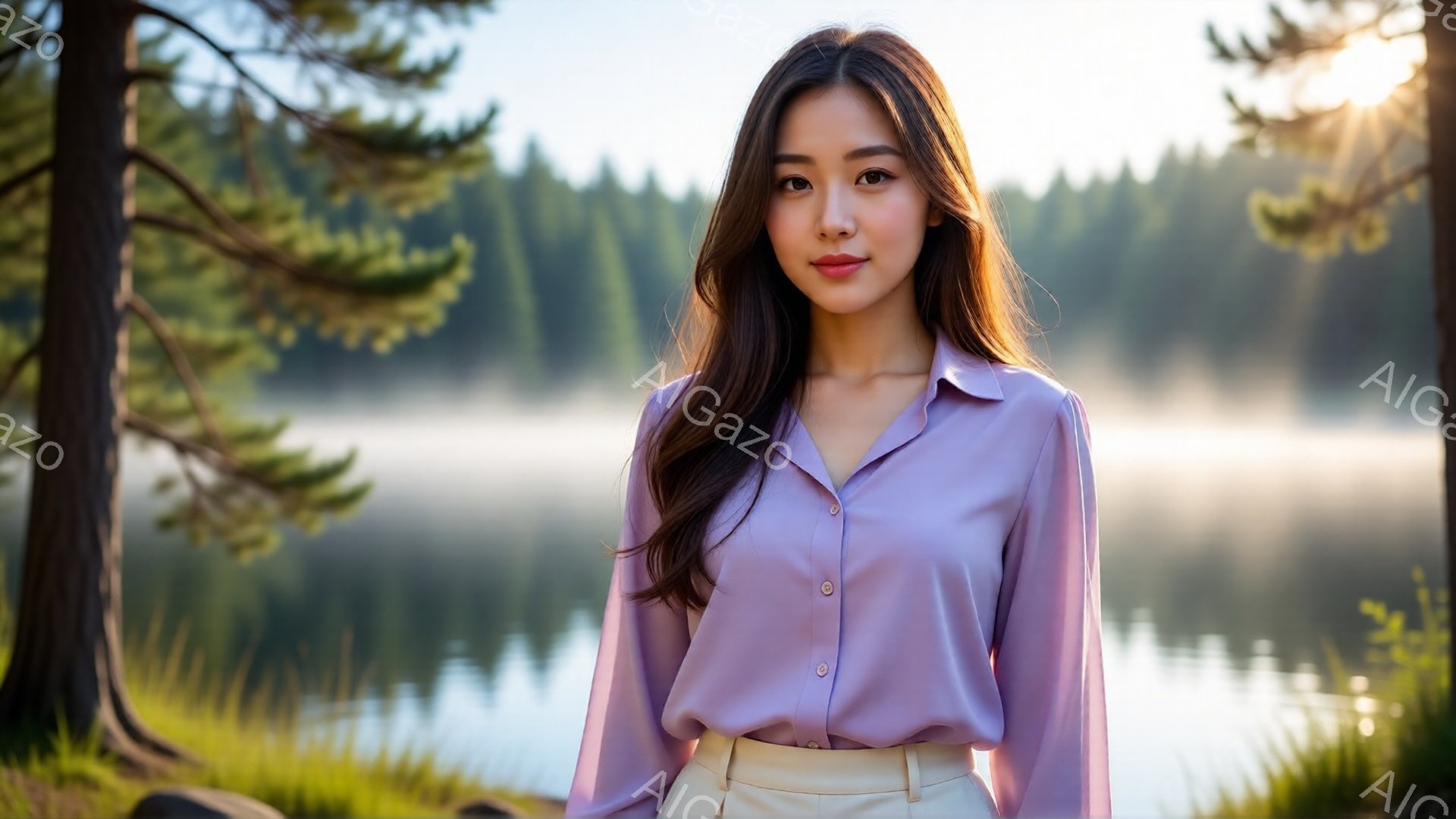 明るい紫色のブラウスとベージュ色のパンツを身に着けた若い女性が写っています。彼女はわずかに微笑んでおり、長い茶色の髪は肩にかかっています。背景には穏やかな湖と緑豊かな森林が広がり、朝の柔らかな光が降り - AI生成フリー素材