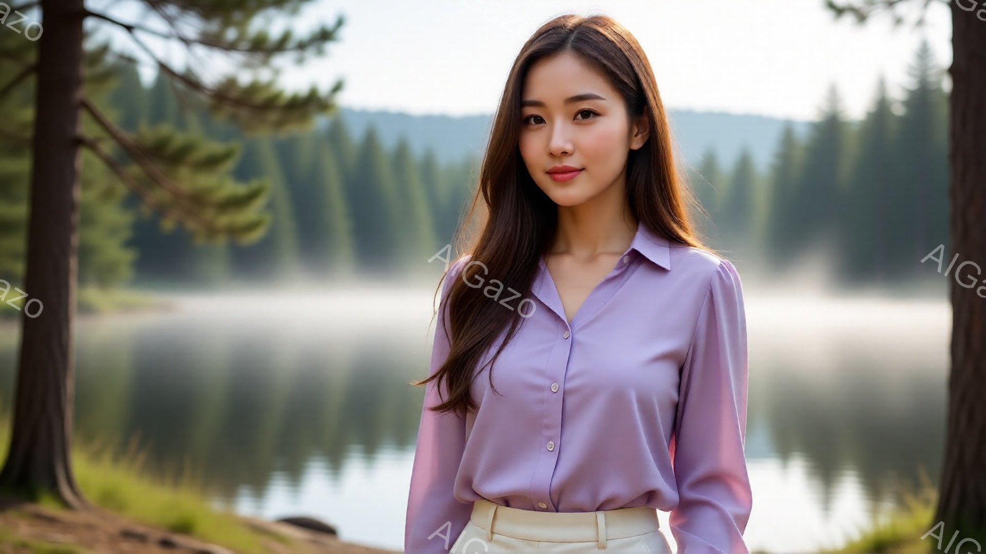 長い茶色の髪を肩まで伸ばした女性が、薄紫色のブラウスとオフホワイトのパンツを身に着けて立っています。彼女は穏やかな微笑みを浮かべ、まっすぐ前を見つめています。背景には霧のかかった湖と鬱蒼とした緑の木々があり、静かで穏やかな雰囲気を醸し出しています。