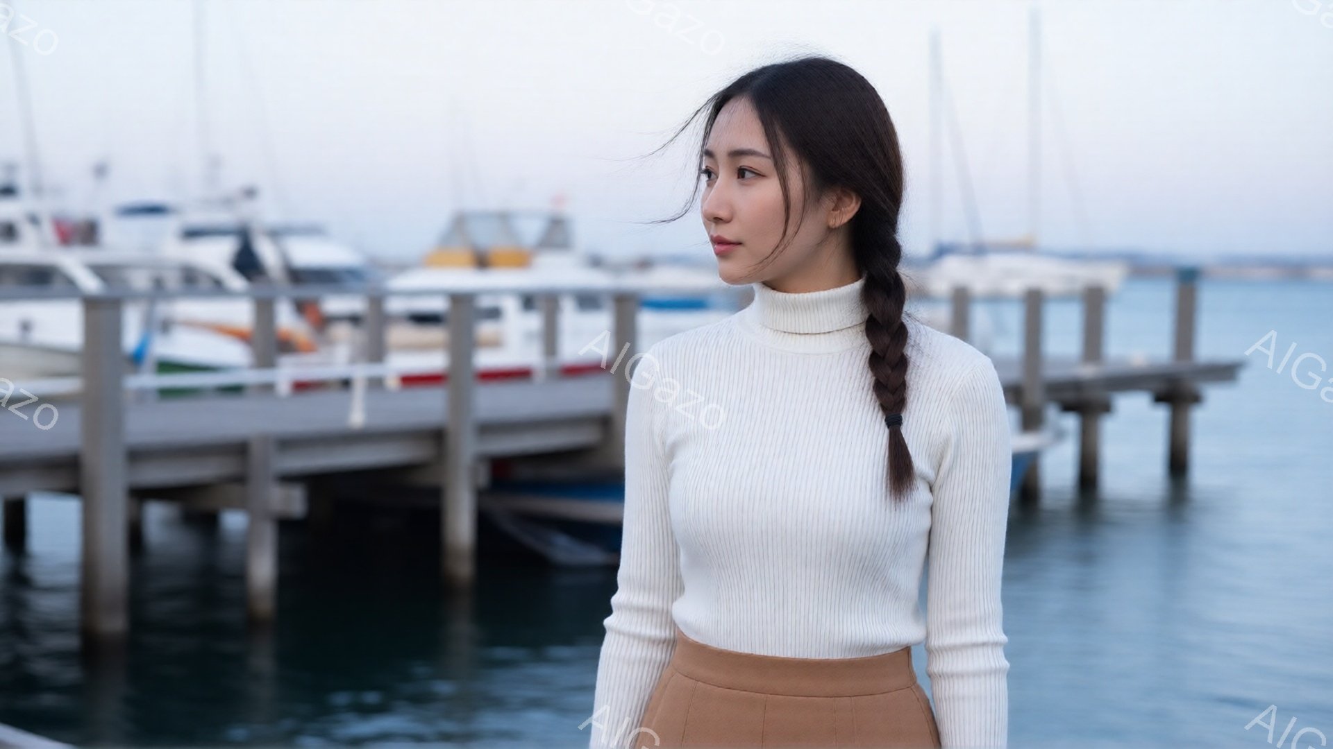 長い髪を三つ編みにした女性が、クリーム色のタートルネックセーターとベージュのスカートを身に着けて立っています。彼女は少し横を向き、遠くを見つめており、穏やかな表情を浮かべています。背景には、青い海と停 - AI生成フリー素材