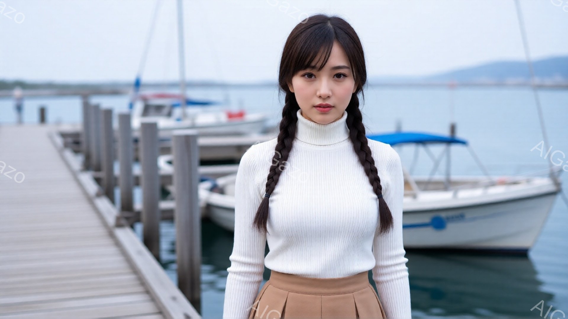 長い黒髪を二つに分けて編み込みにした女性が、白いタートルネックセーターとベージュのスカートを身につけて立っている。彼女は正面を見据え、穏やかで少し物憂げな表情をしている。背景には木製の桟橋と、穏やかな - AI生成フリー素材