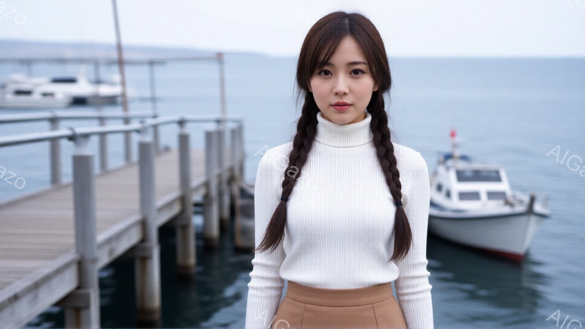 長い髪を二つに編み込み、白いタートルネックセーターとベージュのスカートを着用した女性が写っています。彼女は正面をまっすぐ見ており、表情は穏やかで落ち着いています。背景には桟橋と穏やかな海、そして白いボ - AI生成フリー素材