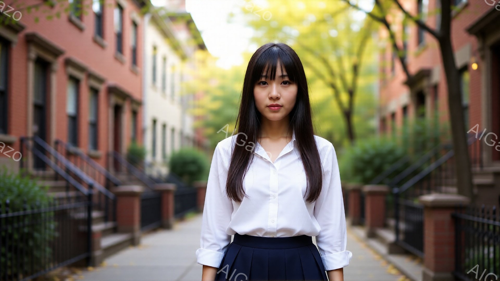 長い黒髪をセンターパートにした女性が、白いシャツに紺色のプリーツスカートを着用し、正面をまっすぐ見つめて立っている。背景はレンガ造りの建物が並ぶ住宅街で、落ち葉が散らばる歩道と、緑豊かな木々が見える。全体的に落ち着いた雰囲気で、秋の訪れを感じさせる穏やかな光が差し込んでいる。