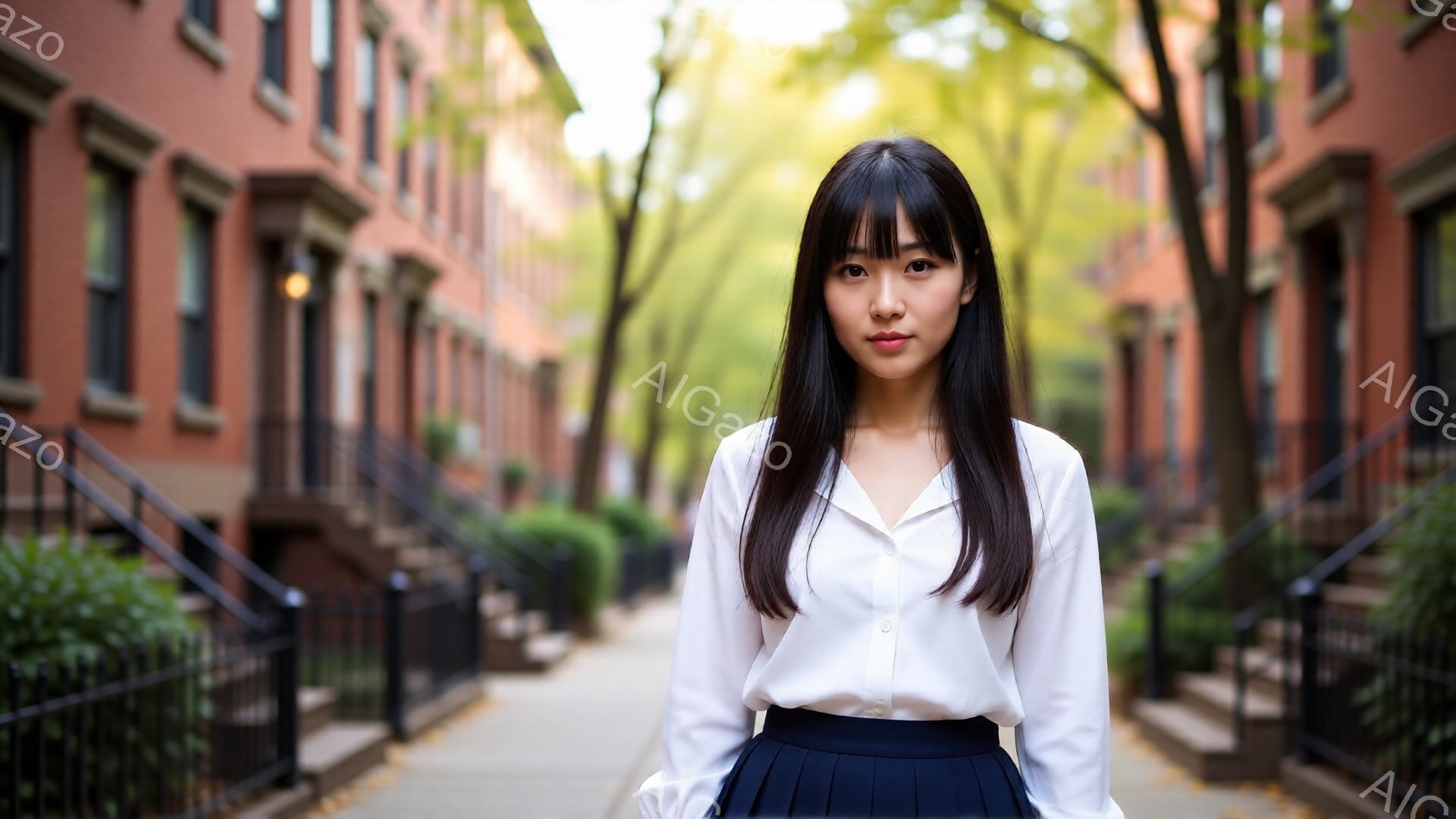 長い黒髪で前髪を作った若い女性が、白いシャツと紺色のプリーツスカートを身につけて正面を向いている。彼女は穏やかな表情で、少し微笑んでいるように見える。背景には、レンガ造りの建物が並び、緑豊かな木々が並 - AI生成フリー素材