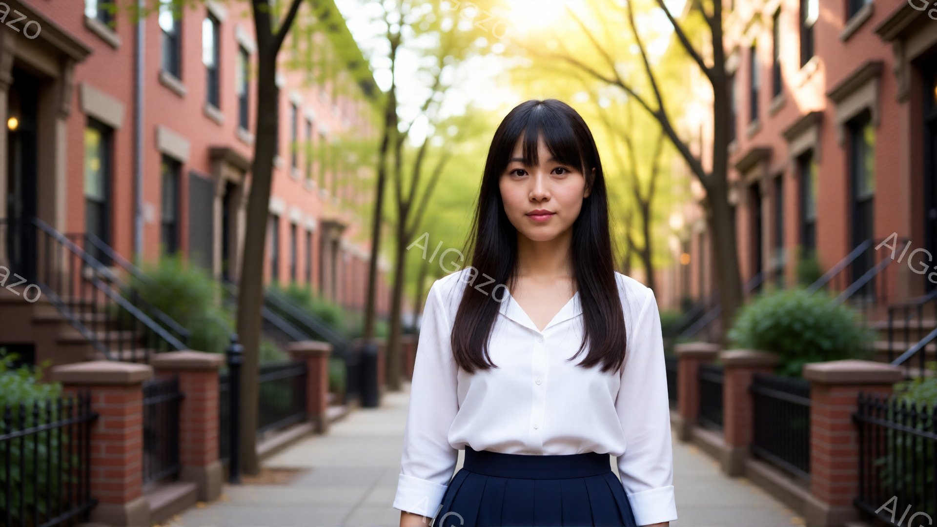 長い黒髪を肩まで伸ばした女性が、白いシャツと紺色のプリーツスカートを着て、通りの中央で正面を向いている。彼女は落ち着いた表情で、やや微笑んでいるように見える。背景にはレンガ造りの建物が並び、緑の木々と暖かい日差しが、穏やかで平和な雰囲気を醸し出している。