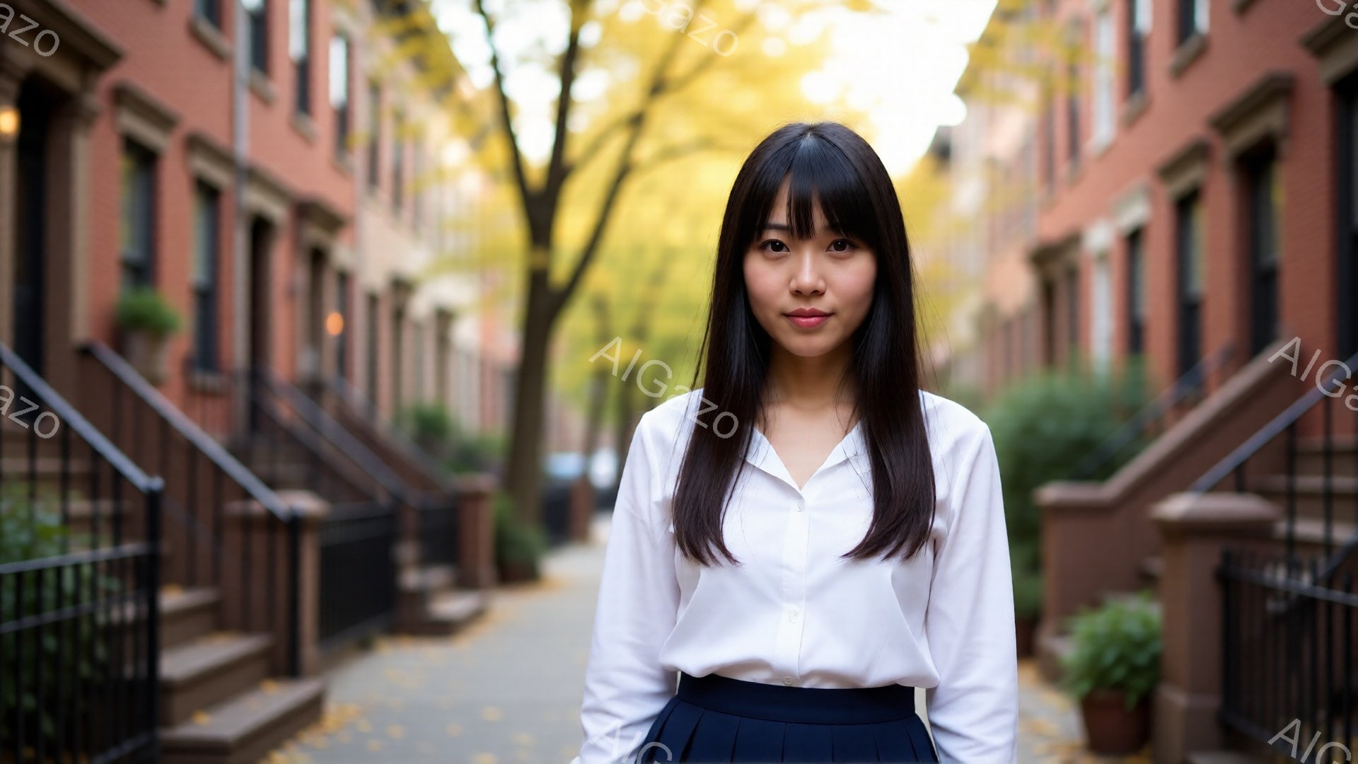 長い黒髪をセンターパートにした女性が、白いシャツと濃い青色のプリーツスカートを着用して立っている。彼女は穏やかな表情でカメラを見つめており、姿勢はまっすぐで自信があるように見える。背景にはレンガ造りの - AI生成フリー素材