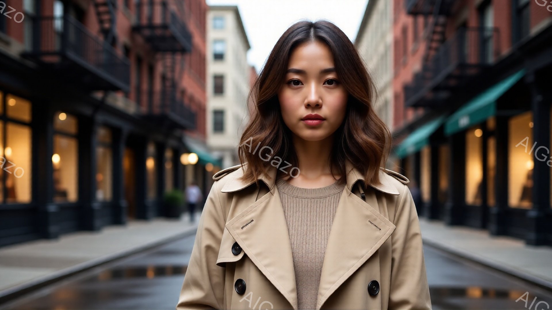 茶色の髪を肩のあたりでカールさせた女性が、ベージュ色のトレンチコートとベージュのニットを着て正面を向いています。彼女はやや無表情で、落ち着いた雰囲気を漂わせています。背景はレンガ造りの建物が並ぶ通りで、薄暗く、少し雨上がりのような路面が見えます。