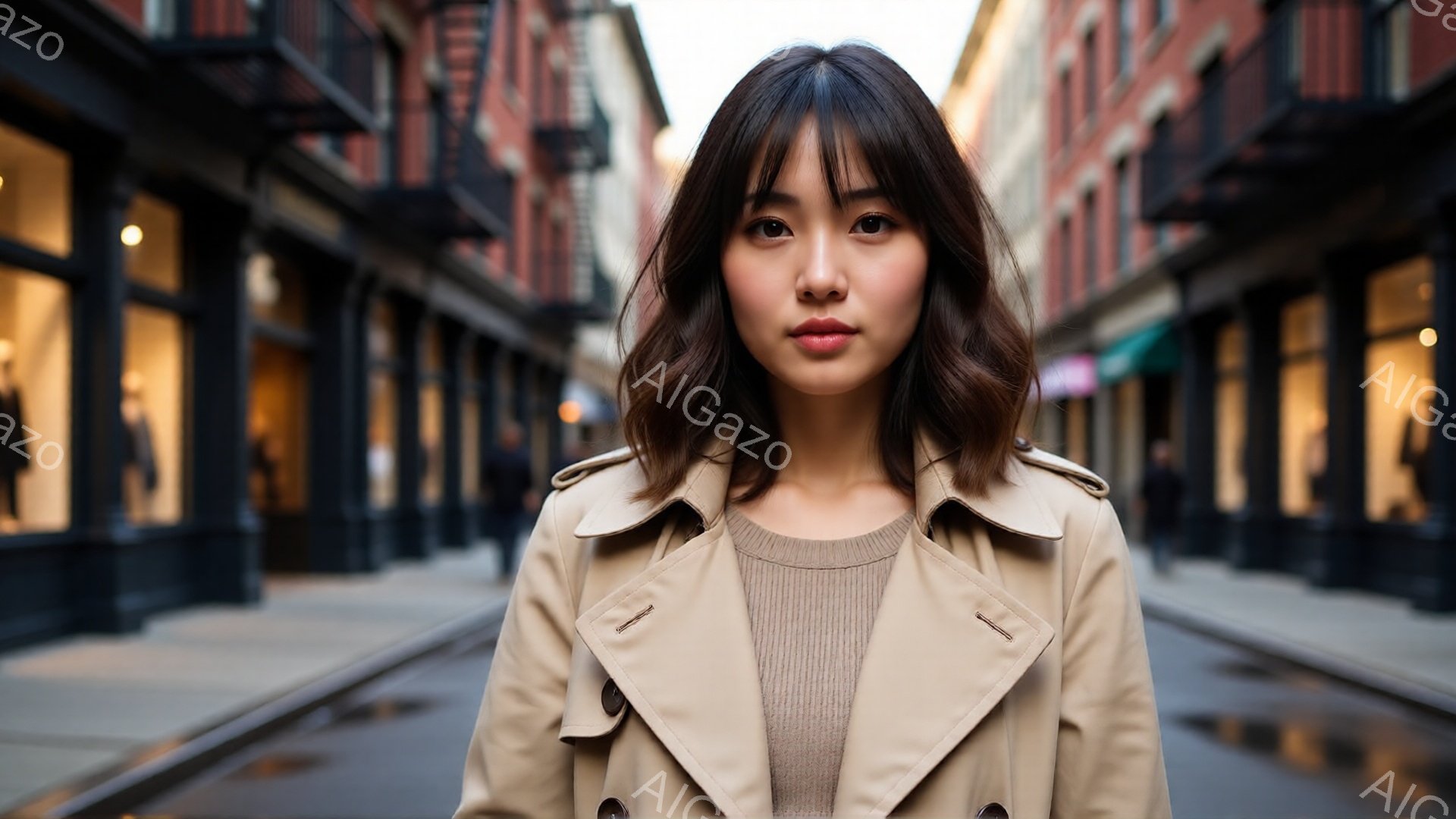 長い前髪とゆるいウェーブのかかった髪が特徴的な女性が、ベージュ色のトレンチコートとグレーのセーターを着て正面を見つめています。彼女の表情は穏やかで、やや自信に満ちています。背景はレンガ造りの建物が並ぶ - AI生成フリー素材