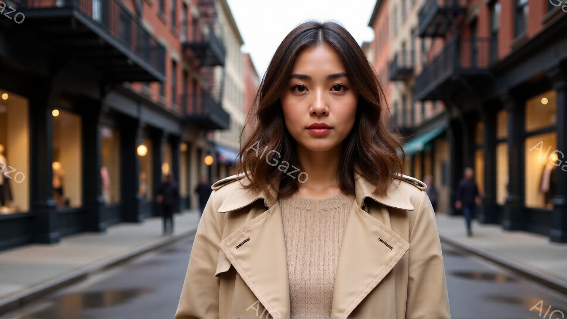 茶髪の女性がベージュのトレンチコートとセーターを着て、カメラの方を見て立っている。彼女は落ち着いた表情で、少し微笑んでいるように見える。背景には、レンガ造りの建物が並ぶ通りがあり、やや曇り空の下で静かな雰囲気を醸し出している。