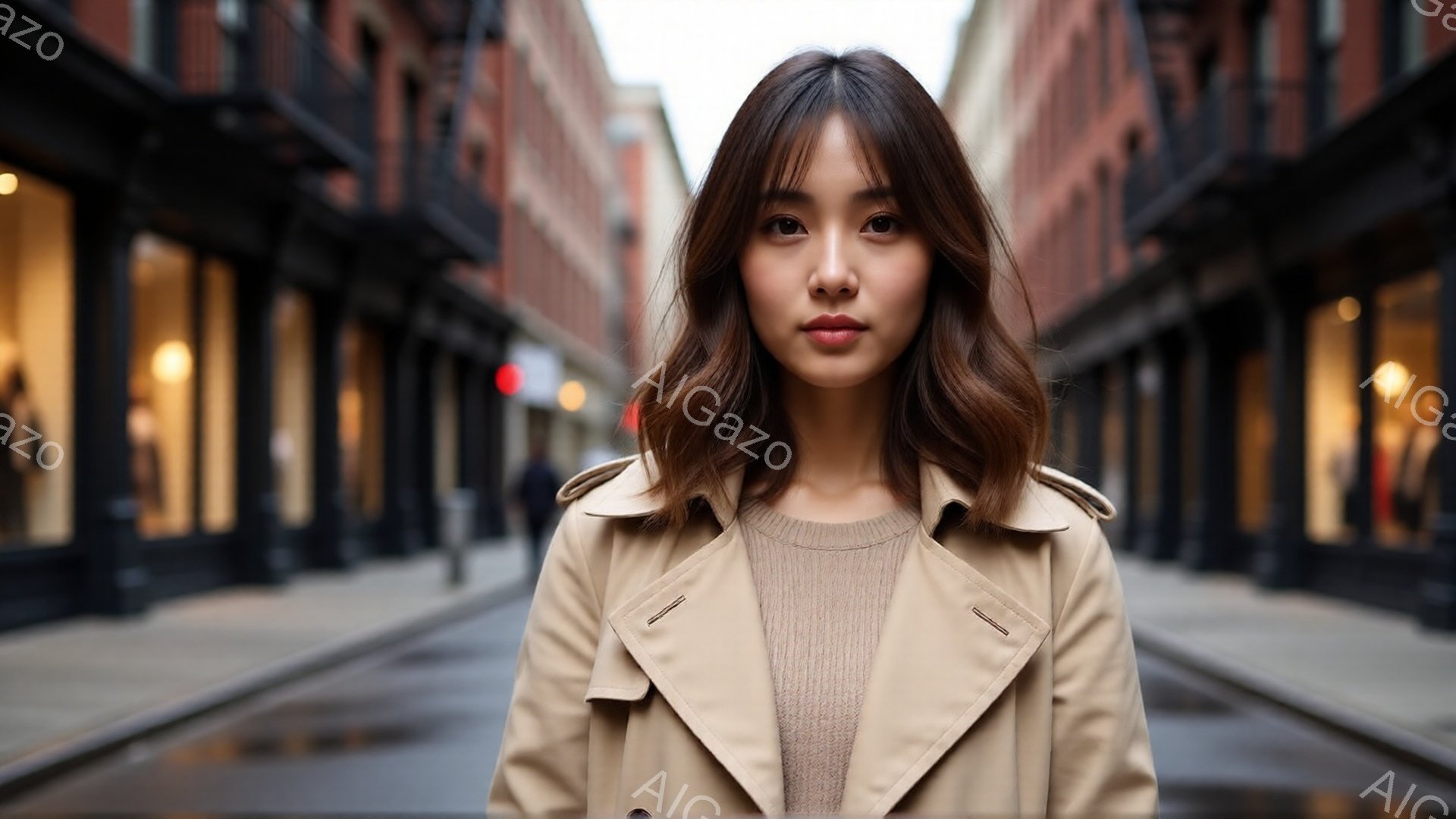長い茶色の髪を肩のあたりで切りそろえた女性が、ベージュ色のトレンチコートとセーターを着て正面を見つめている。彼女は穏やかな表情で、やや控えめな微笑みを浮かべている。背景はレンガ造りの建物が並ぶ通りで、やや曇り空の下、落ち着いた雰囲気の都市風景が広がっている。