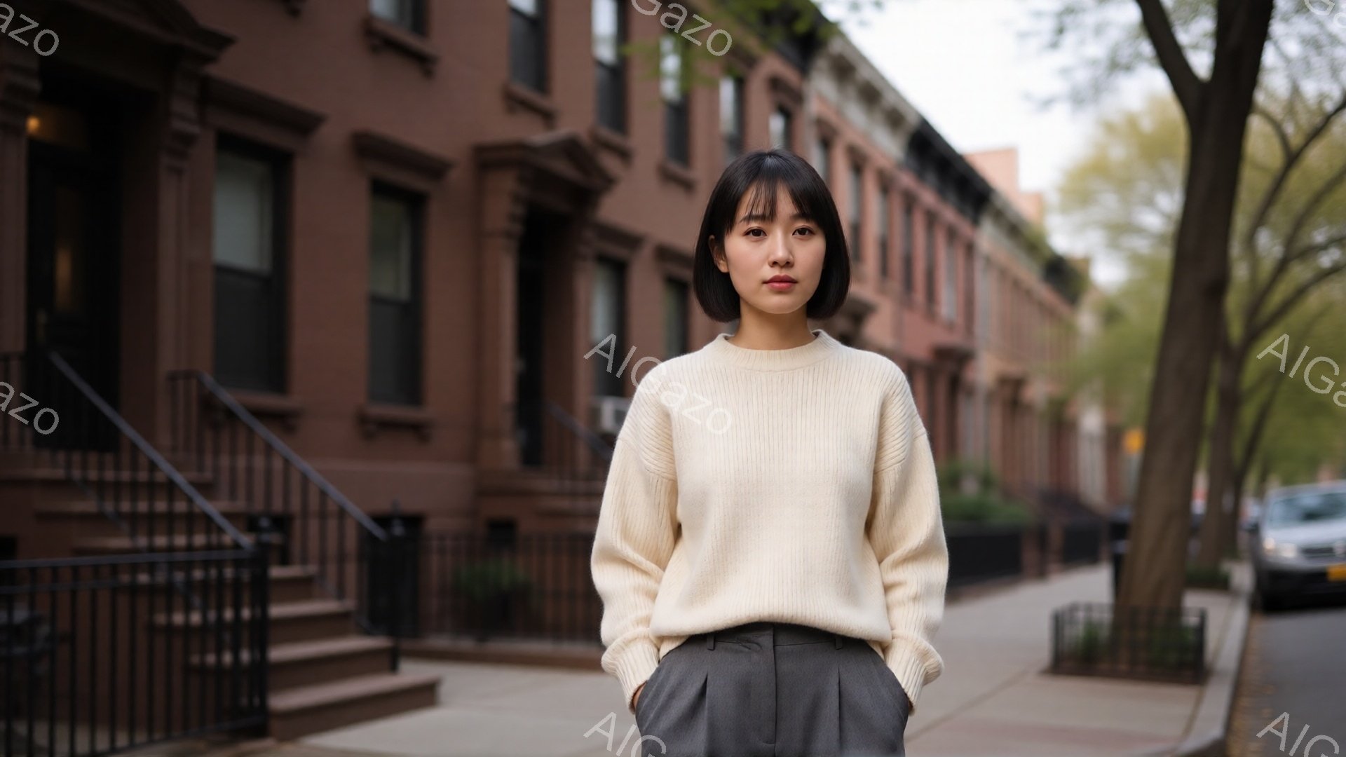 画像には、レンガ造りの建物が並ぶ通りの真ん中で、短い黒髪でベージュのセーターとグレーのズボンを着用した若い女性が立っています。彼女は両手をポケットに入れ、表情は穏やかで、やや自信に満ちています。背景には、日差しの弱い晴れた日に、並木道と住宅が広がっており、全体的に落ち着いた雰囲気を醸し出しています。