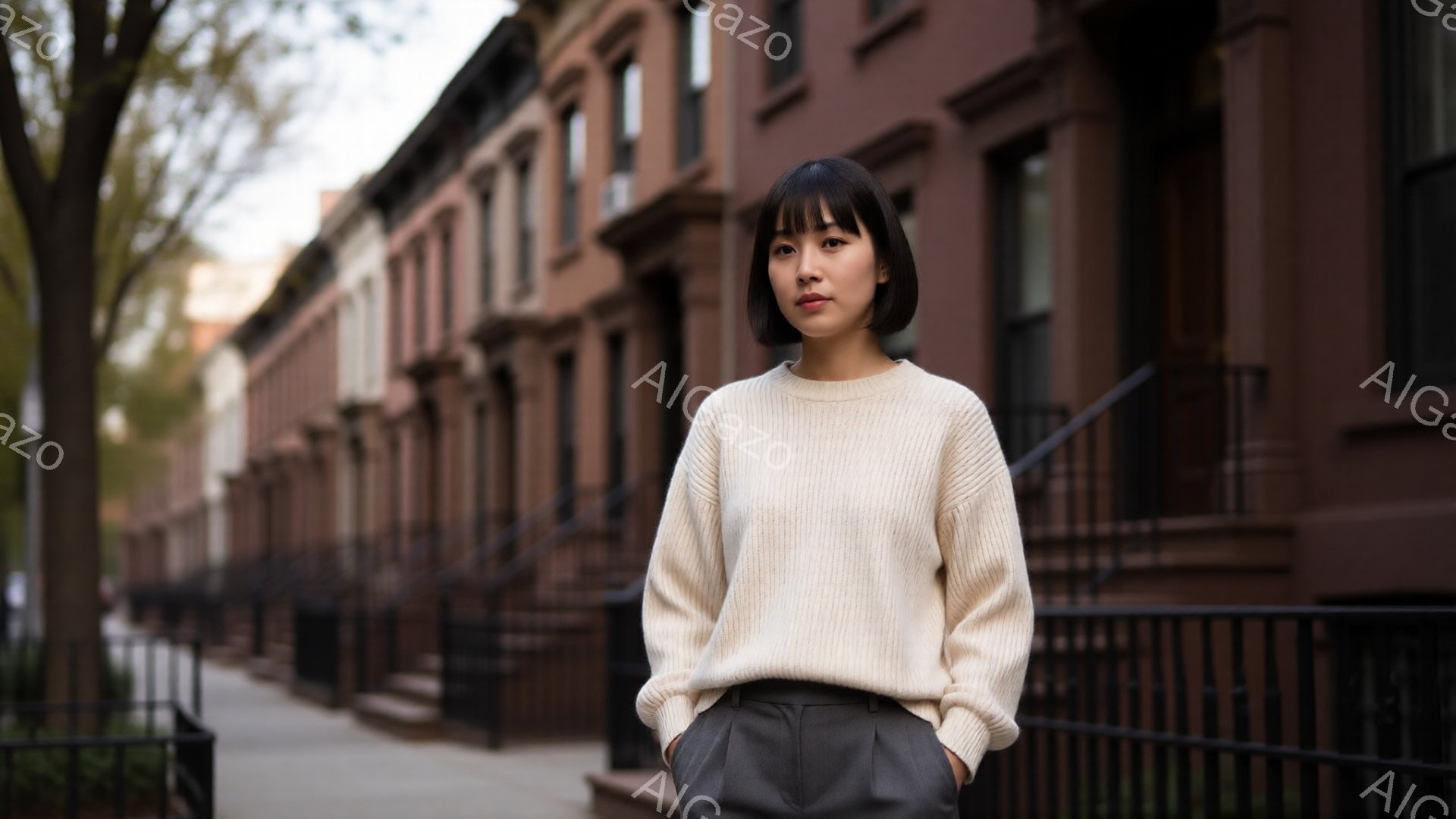 茶髪のボブヘアで、白いセーターとグレーのズボンを身につけた女性が、レンガ造りの建物が並ぶ通りの一段高くなった場所で立っている。彼女は両手をポケットに入れて、リラックスした姿勢で正面を見つめている。背景には、木々が少し芽吹き始めた春の穏やかな天候で、都会の住宅街の雰囲気が漂っている。