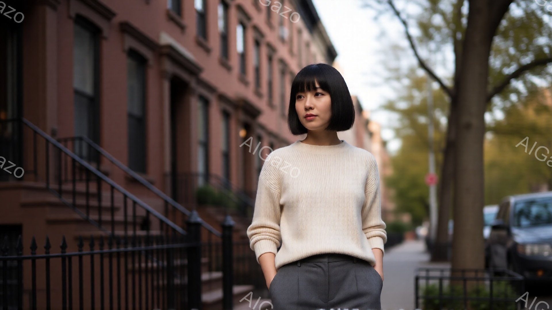 この女性は、ベージュのニットセーターとグレーのパンツを身に着け、短いボブヘアに整えています。彼女は少し微笑み、遠くを見つめており、リラックスした姿勢で立っています。背景には、レンガ造りの建物が立ち並び、街路樹が並ぶ穏やかな街並みが広がっています。