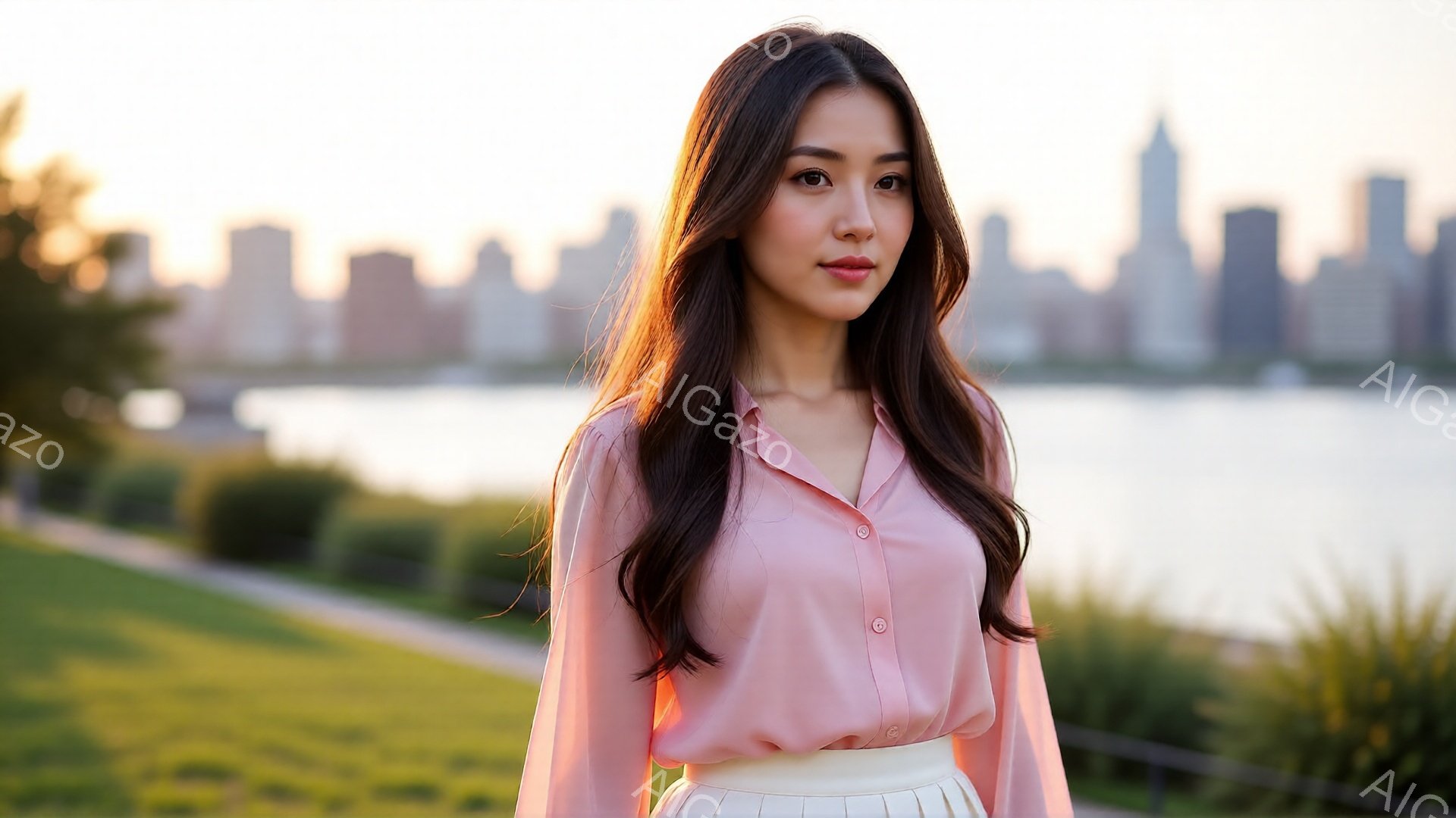 長いダークブラウンの髪をなびかせた女性が、薄いピンク色のブラウスと白いスカートを着て立っています。彼女は穏やかな表情で、わずかに微笑んでいます。背景には、夕焼けに照らされたニューヨークのスカイラインと - AI生成フリー素材