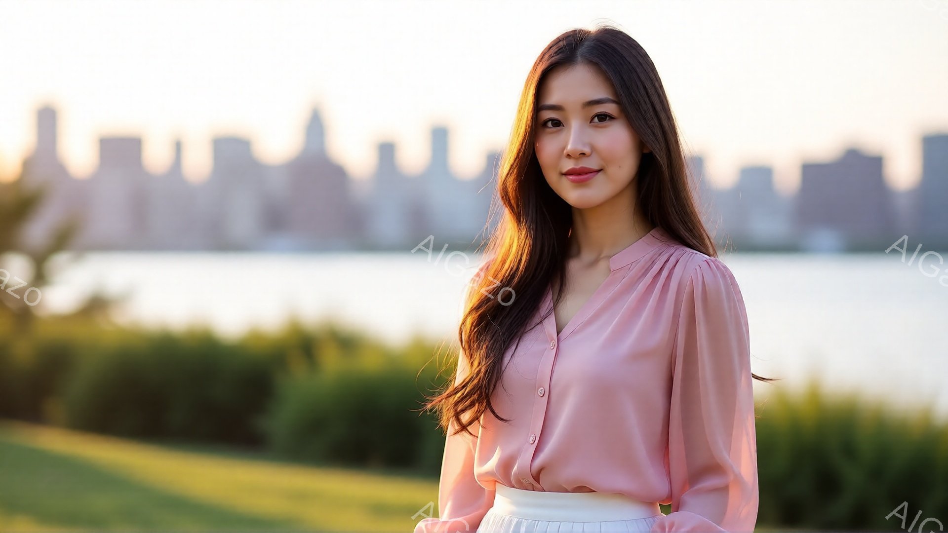 長い茶色の髪を無造作に垂らした女性が、ピンク色のブラウスと白いスカートを身につけて立っている。彼女はわずかに微笑んでおり、背景には緑豊かな自然と遠くの都市のスカイラインが広がっている。全体的に穏やかで - AI生成フリー素材