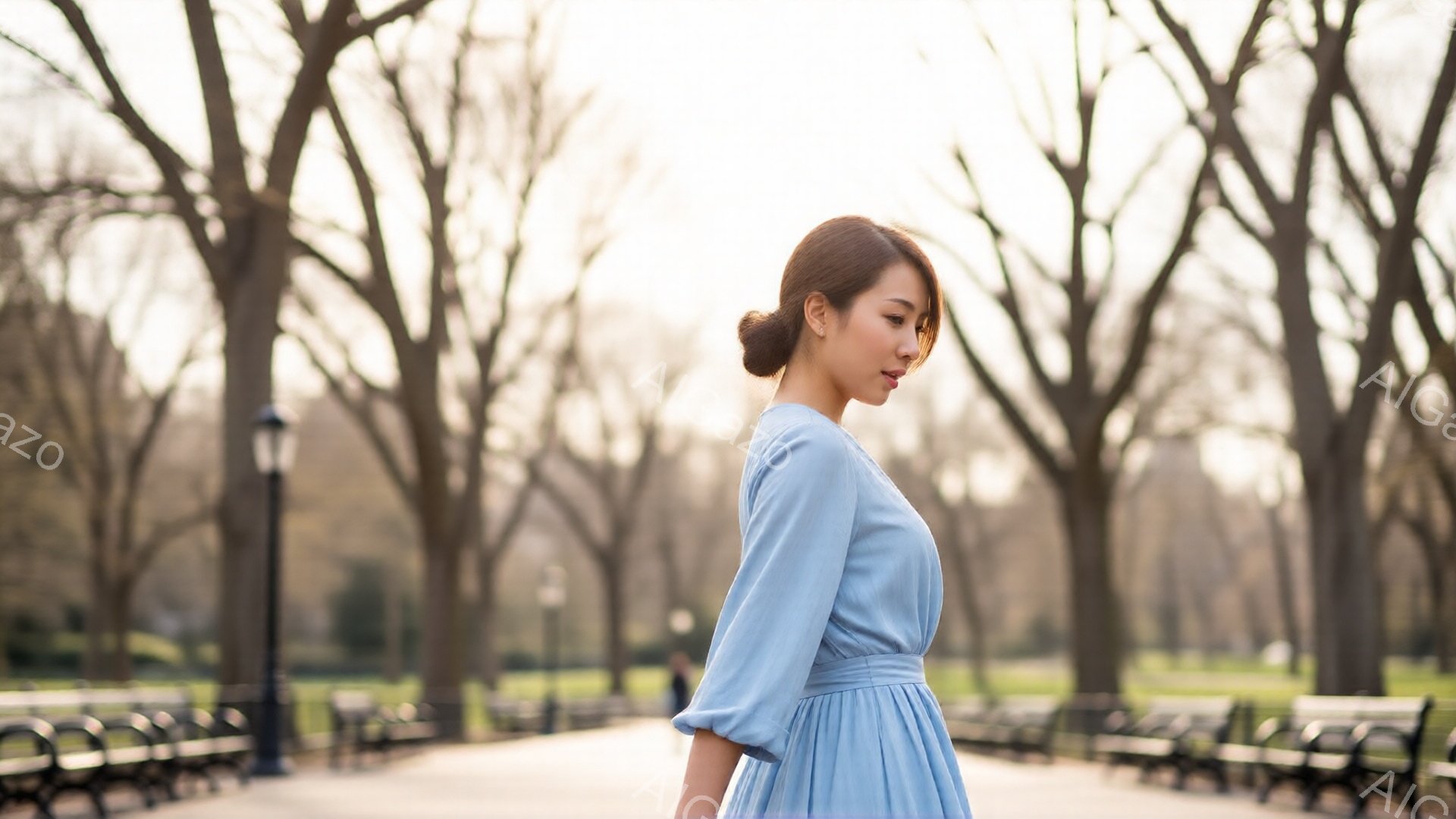 明るい青色のワンピースを着た女性が、公園の遊歩道を歩いている。髪は後ろでまとめられ、顔は少し下を向いており、物憂げな表情をしている。背景には、裸木の並木道と遠くの緑の芝生が見え、穏やかな春の日の雰囲気 - AI生成フリー素材