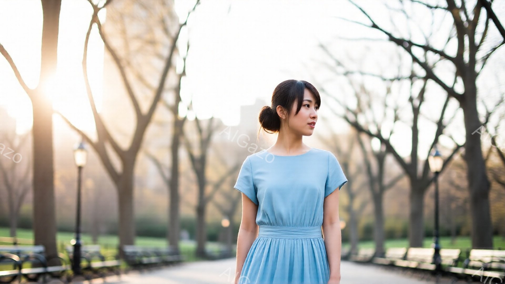 若い女性が水色のワンピースを着て、公園の遊歩道に立っている。彼女は髪を後ろでまとめ、少し微笑んでいるように見える。背景には裸木の並木道とぼんやりとした建物が見え、柔らかな日差しが全体を照らし、穏やかな - AI生成フリー素材