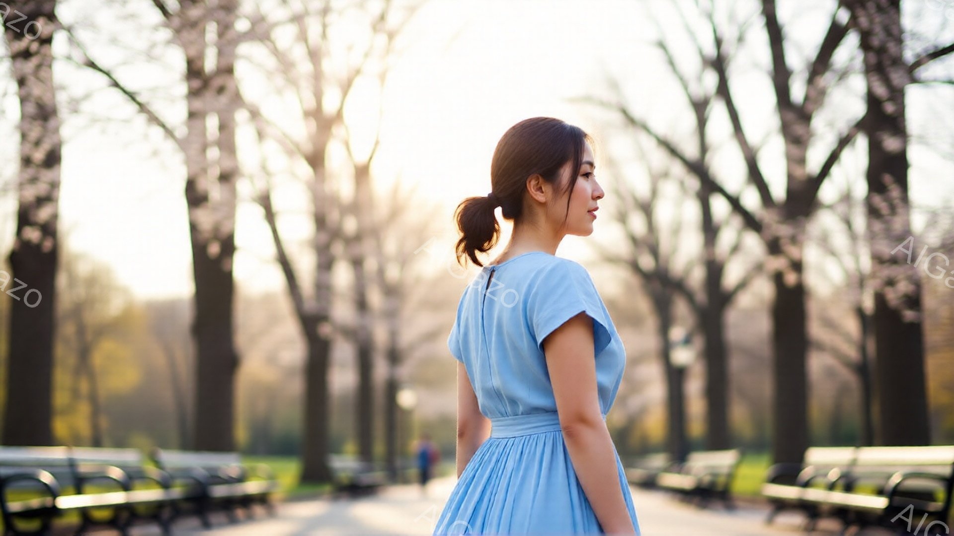 青いワンピースを着た女性が、公園の遊歩道を歩いている後ろ姿が写っている。彼女は髪を後ろでまとめ、穏やかな表情で遠くを見つめている。背景には桜並木が広がり、春の穏やかな陽気に包まれた、優しい雰囲気の写真 - AI生成フリー素材