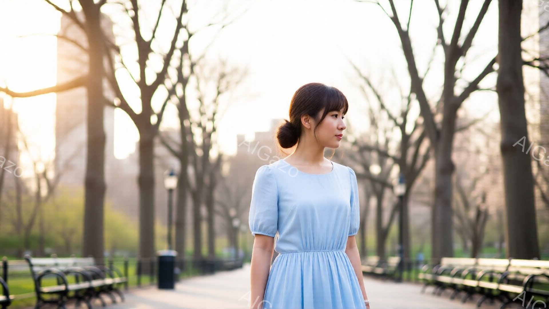 薄い水色のワンピースを着た女性が、公園の遊歩道を歩いている。彼女は髪を後ろでまとめ、横顔を見せている。背景には裸の木々と、遠くに見える建物のシルエットがあり、春の穏やかな日差しが全体を包んでいる。 - AI生成フリー素材