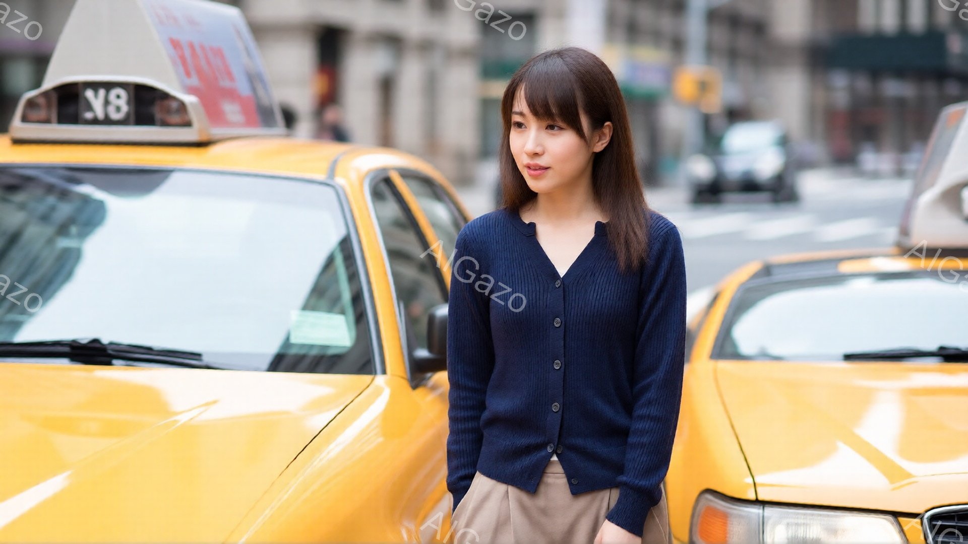 画像には、ニューヨークの通りの背景に、紺色のカーディガンとベージュのパンツを着た若い女性が立っています。彼女はストレートで肩までの長さのダークブラウンの髪をしており、穏やかで少し微笑んだ表情で正面を見つめています。背景には黄色いタクシーが複数あり、都市の活気ある雰囲気を強調しています。