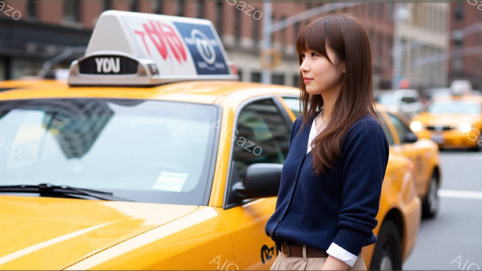 画像には、ニューヨークの街並みを背景に、茶色の髪を肩まで伸ばした若い女性が写っている。彼女はベージュ色のズボンと白いシャツに、濃い青のカーディガンを着ており、少し横を向いて何かを見ているような表情をしている。背景には黄色いタクシーが複数台並び、高層ビルが立ち並ぶ都会的な風景が広がっている。